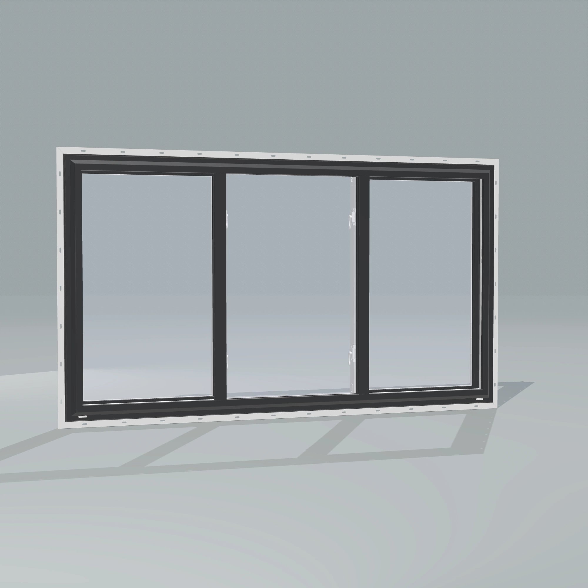 Angled exterior configurator view of the 72 × 40 inch end vent slider with tilt, black exterior / white interior, with nailing flange