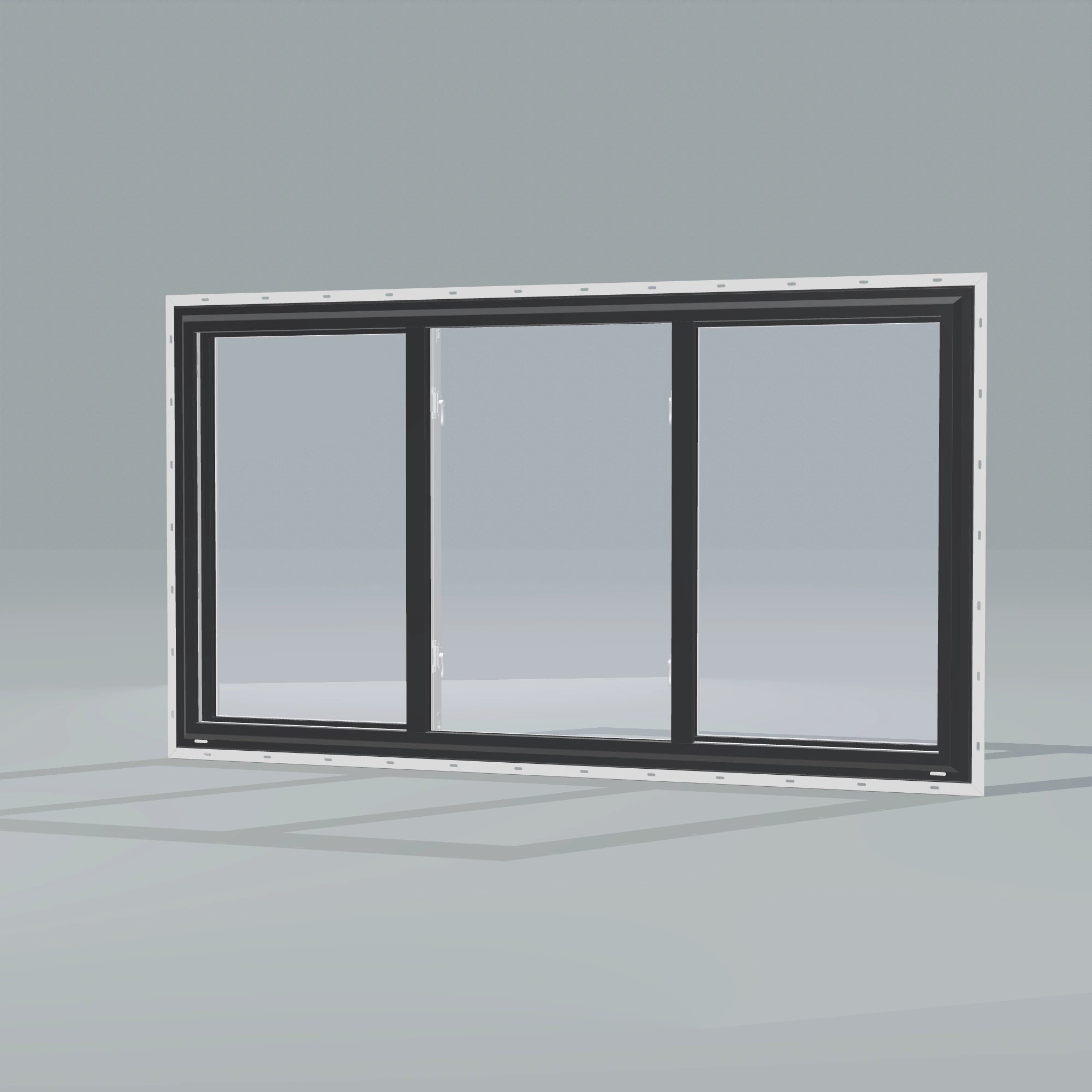 Opposite exterior angle of the 72 × 40 inch end vent slider with tilt, black exterior / white interior, with nailing flange