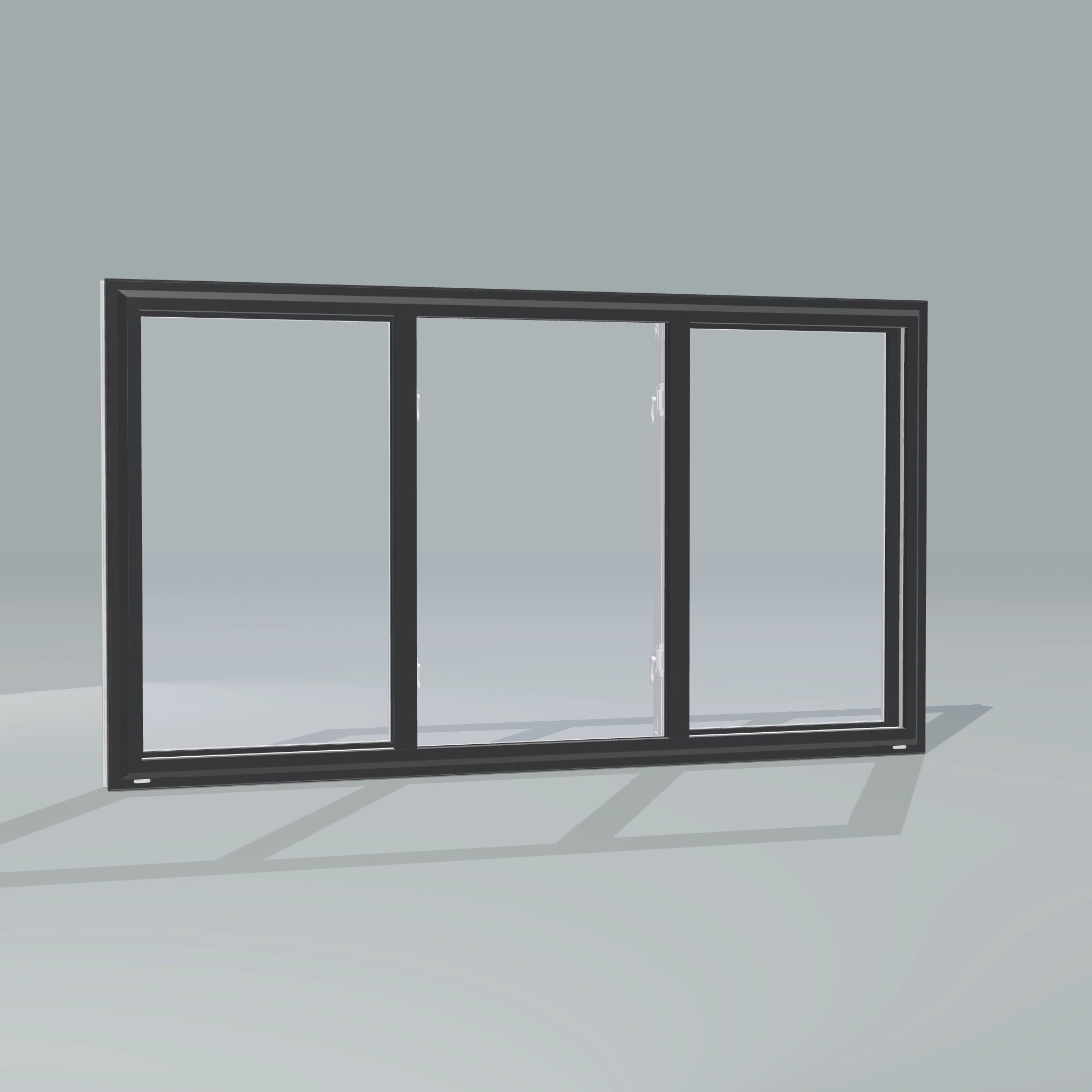 Angled exterior configurator view of the 72 × 40 inch end vent slider with tilt, black exterior / white interior, without nailing flange