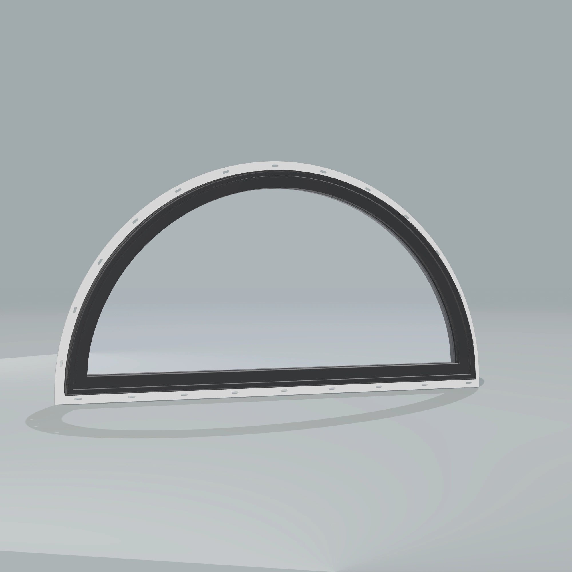 Angled exterior configurator view of the 48 × 24 inch half round, black exterior / black interior, with nailing flange