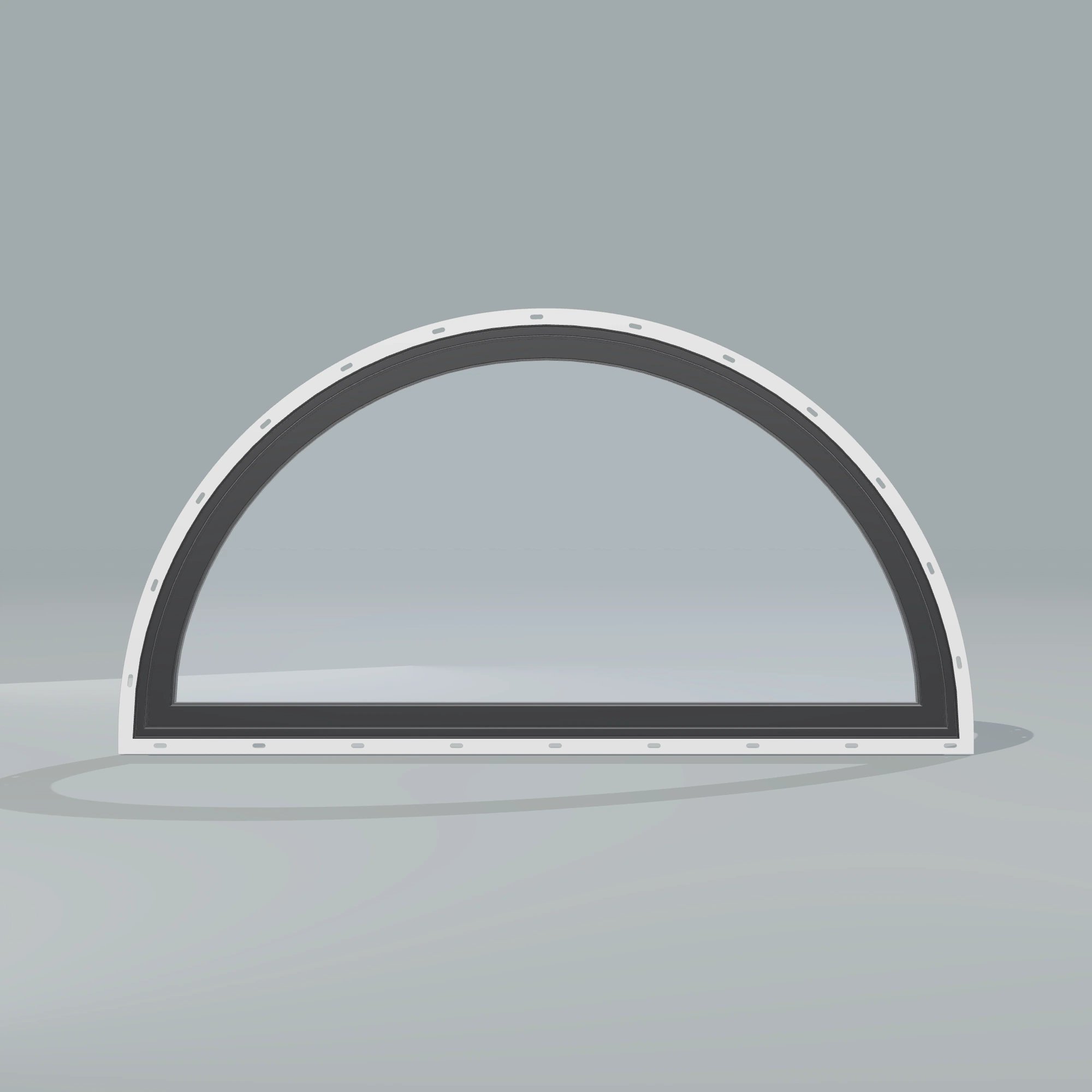 Straight exterior view of the 48 × 24 inch half round, black exterior / black interior, with nailing flange