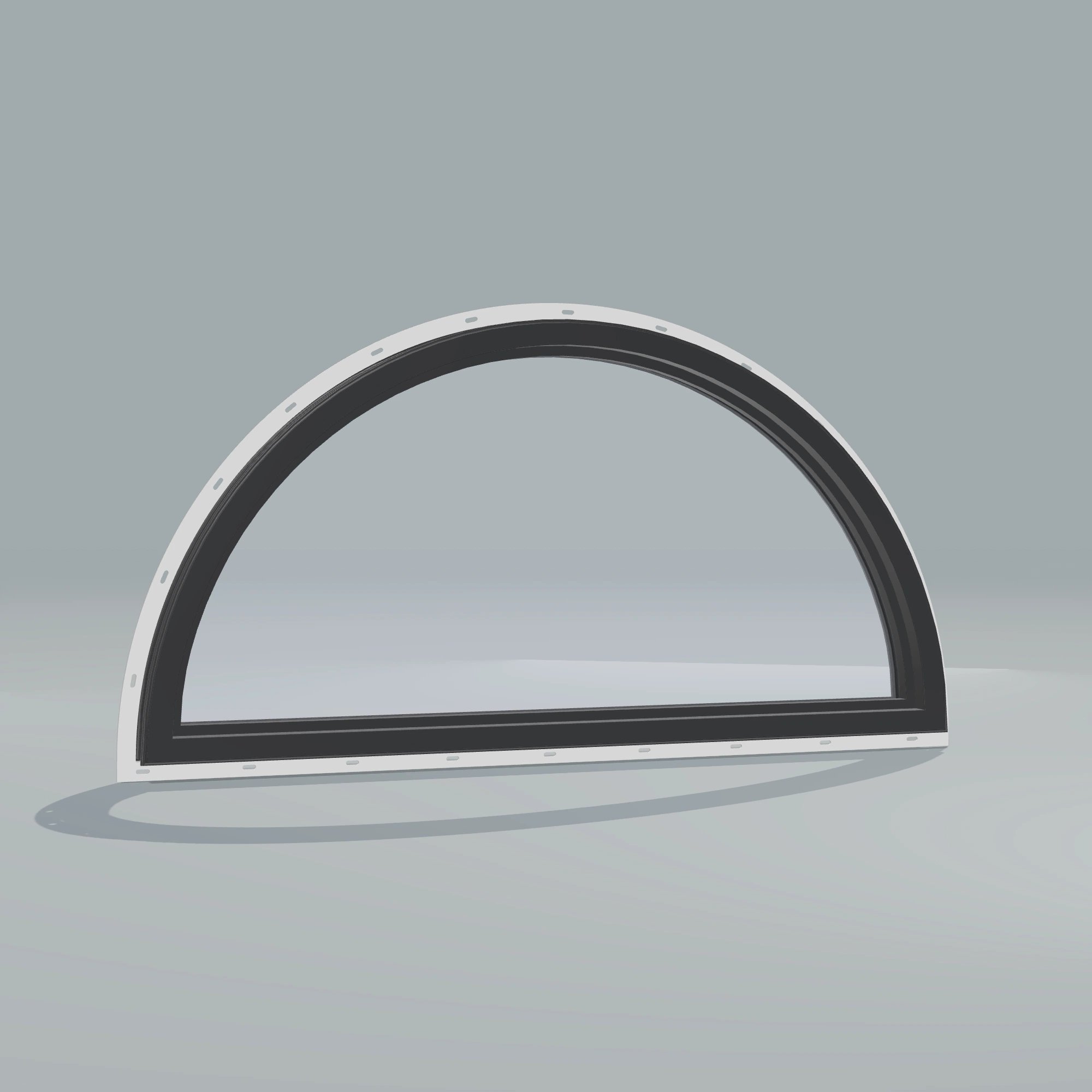 Angled interior view of the 48 × 24 inch half round, black exterior / black interior, with nailing flange