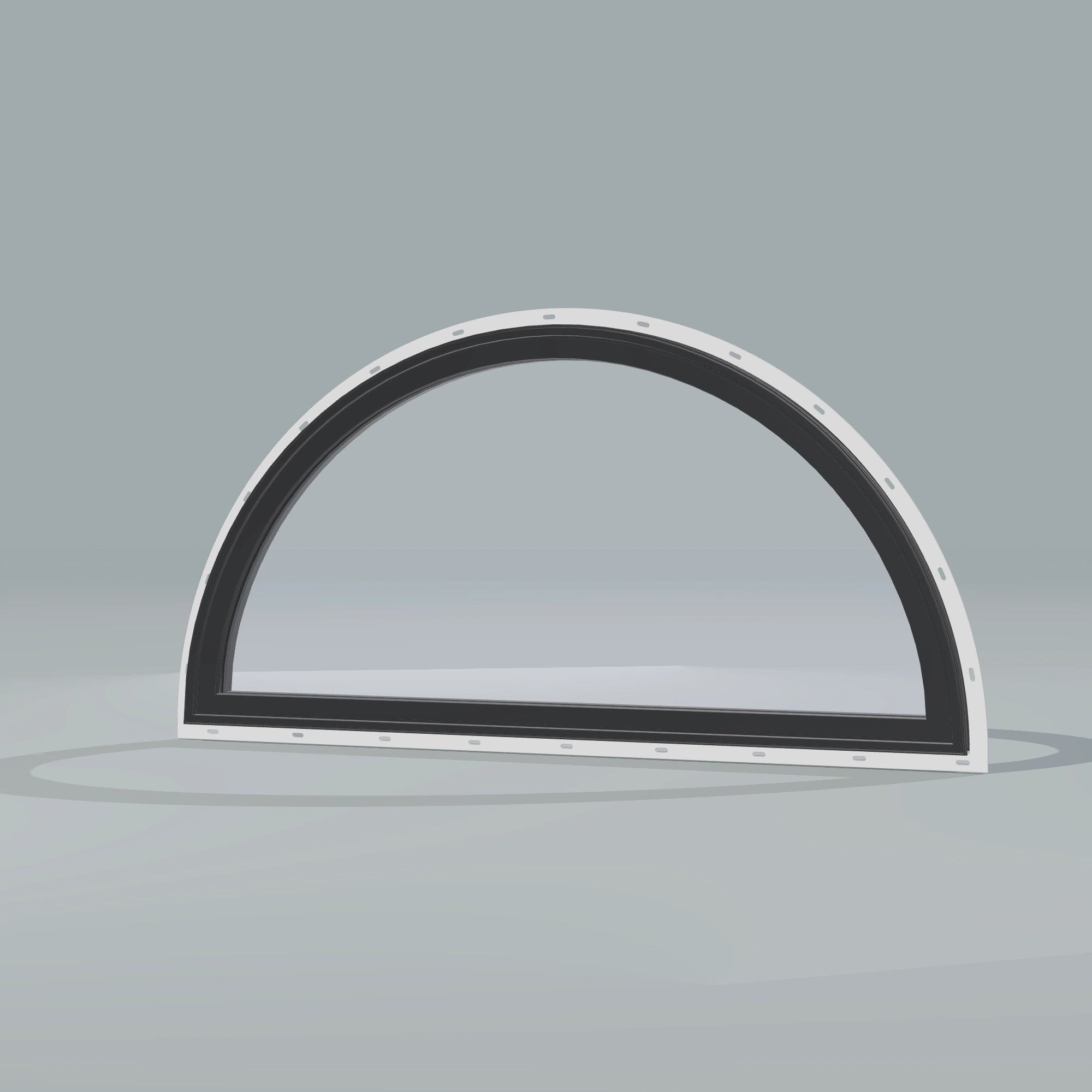 Opposite exterior angle of the 48 × 24 inch half round, black exterior / black interior, with nailing flange