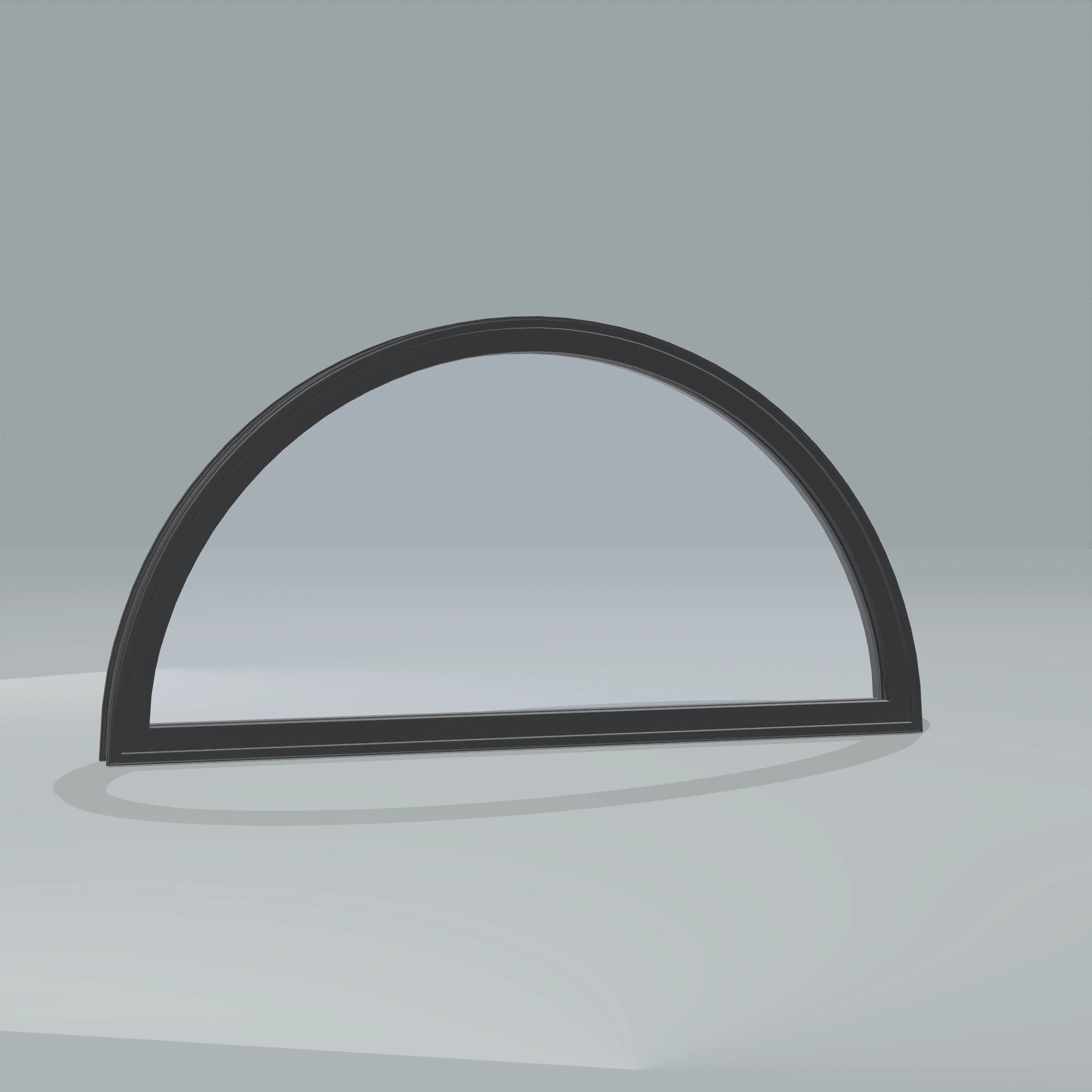 Angled exterior configurator view of the 48 × 24 inch half round, black exterior / black interior, without nailing flange