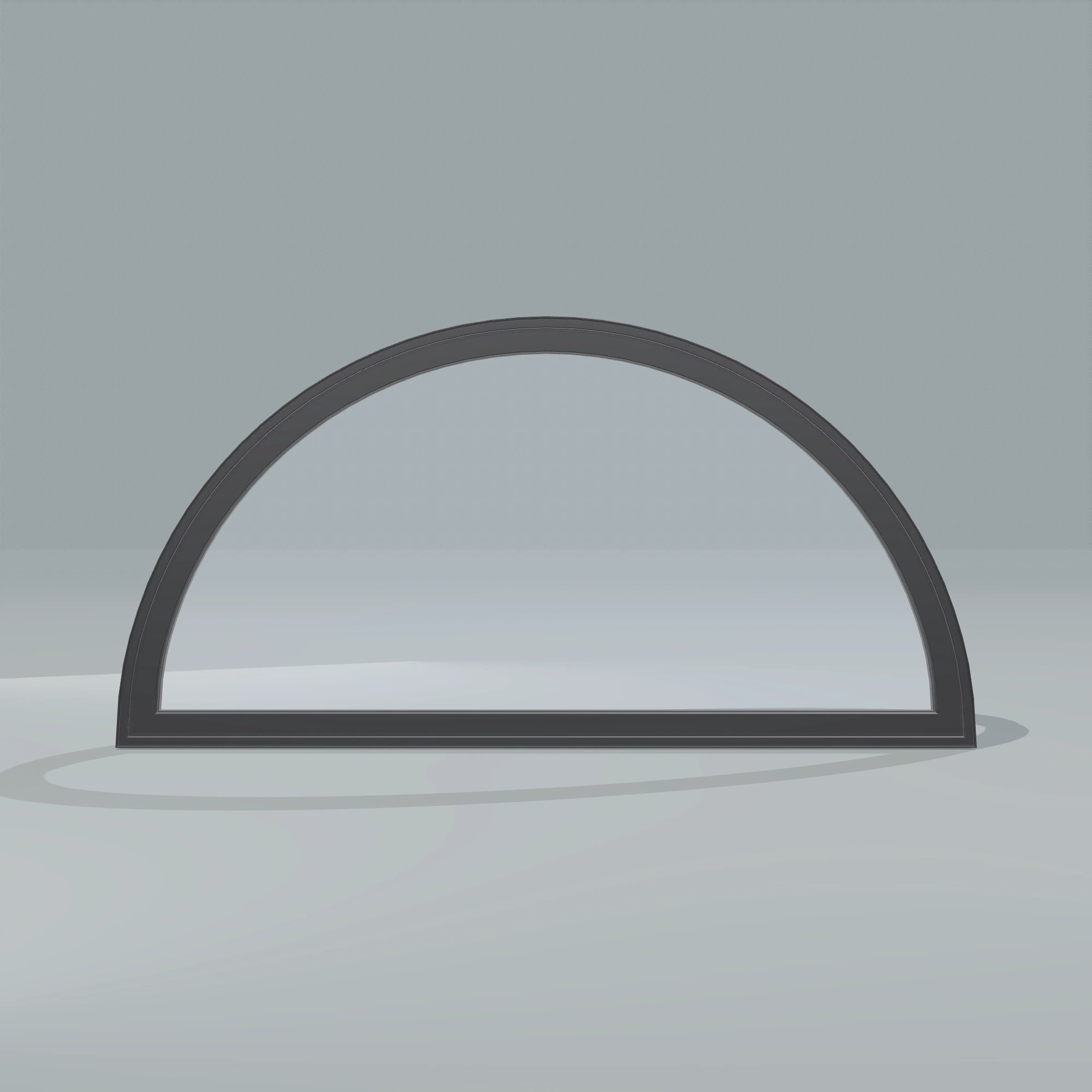 Straight exterior view of the 48 × 24 inch half round, black exterior / black interior, without nailing flange