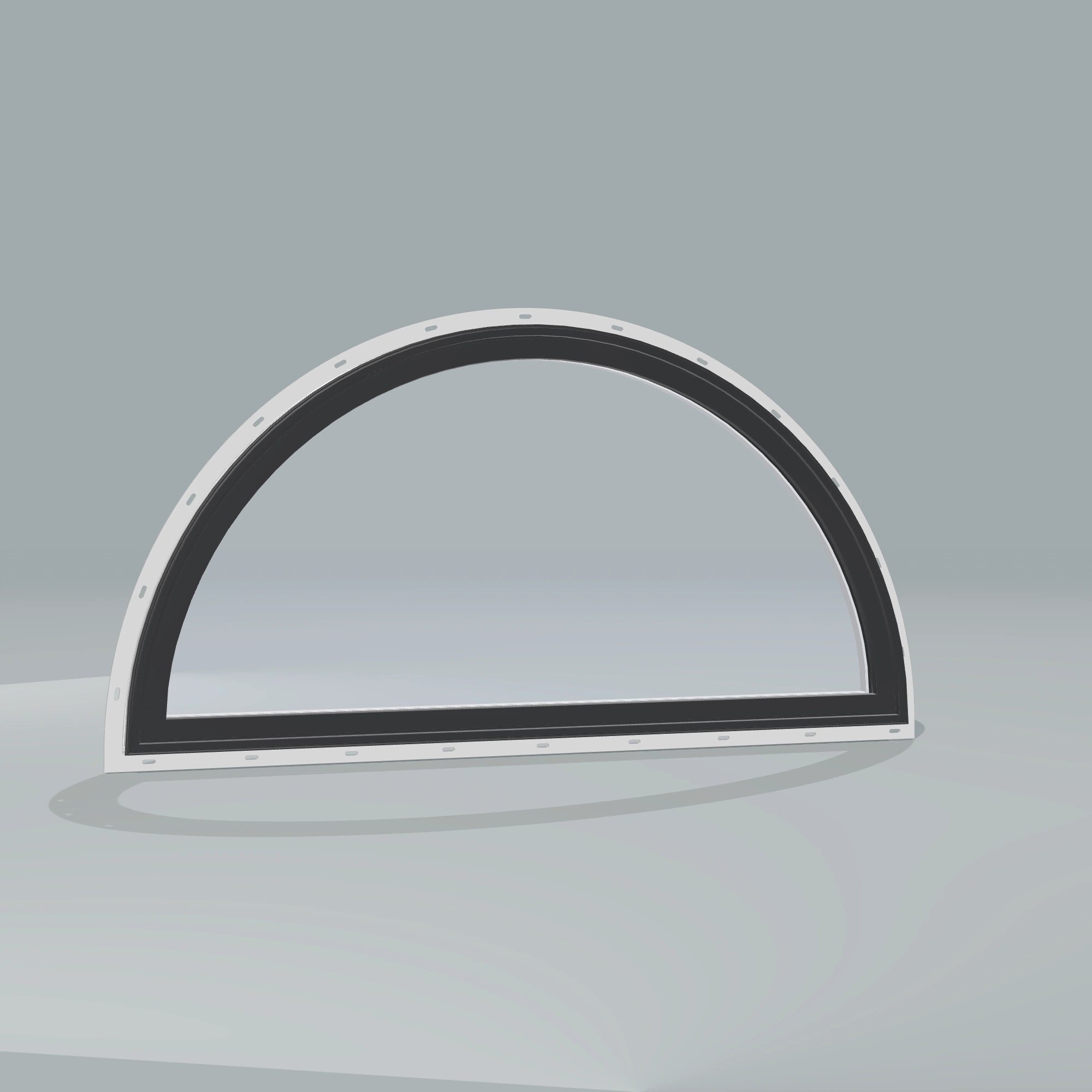 Angled exterior configurator view of the 48 × 24 inch half round, black exterior / white interior, with nailing flange