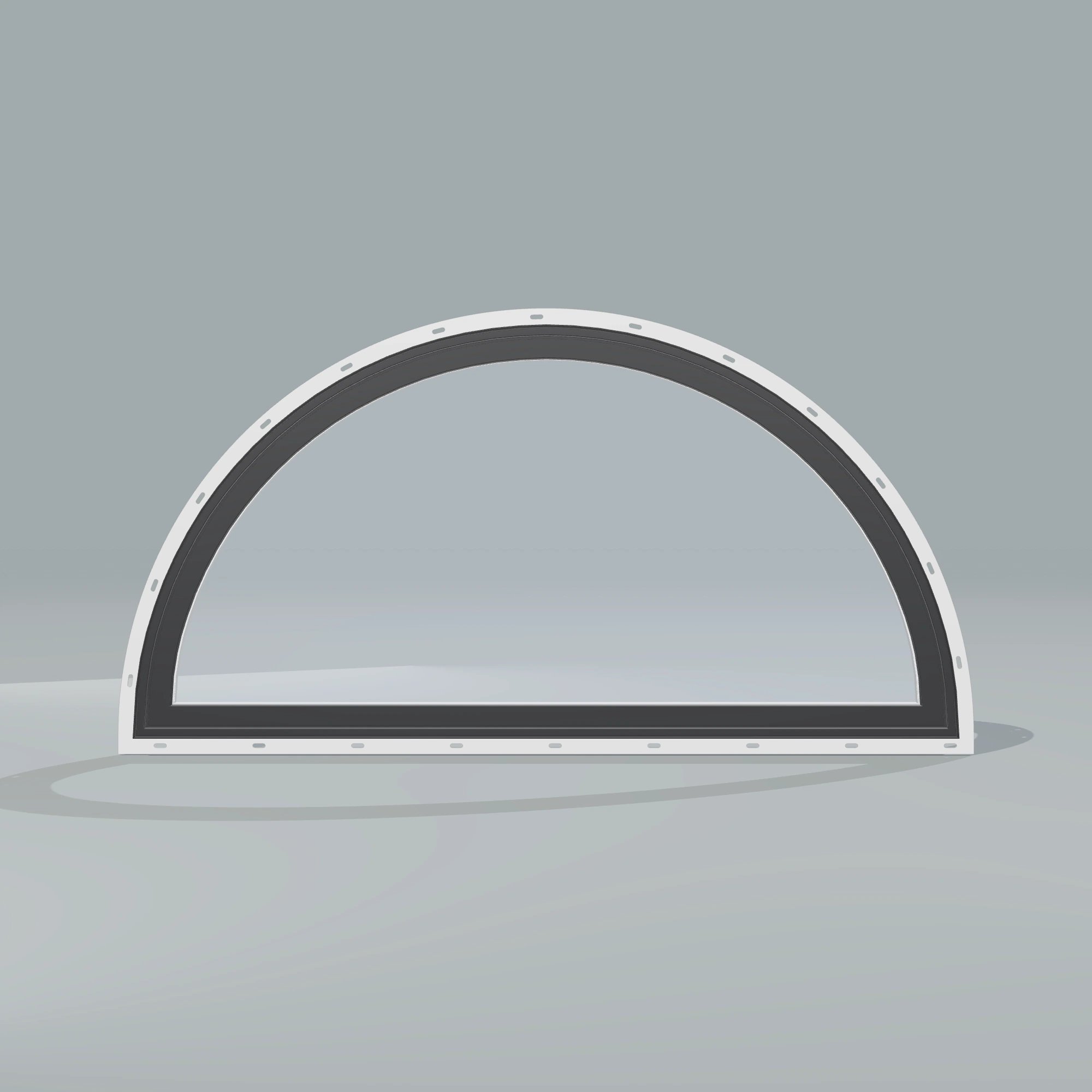Straight exterior view of the 48 × 24 inch half round, black exterior / white interior, with nailing flange