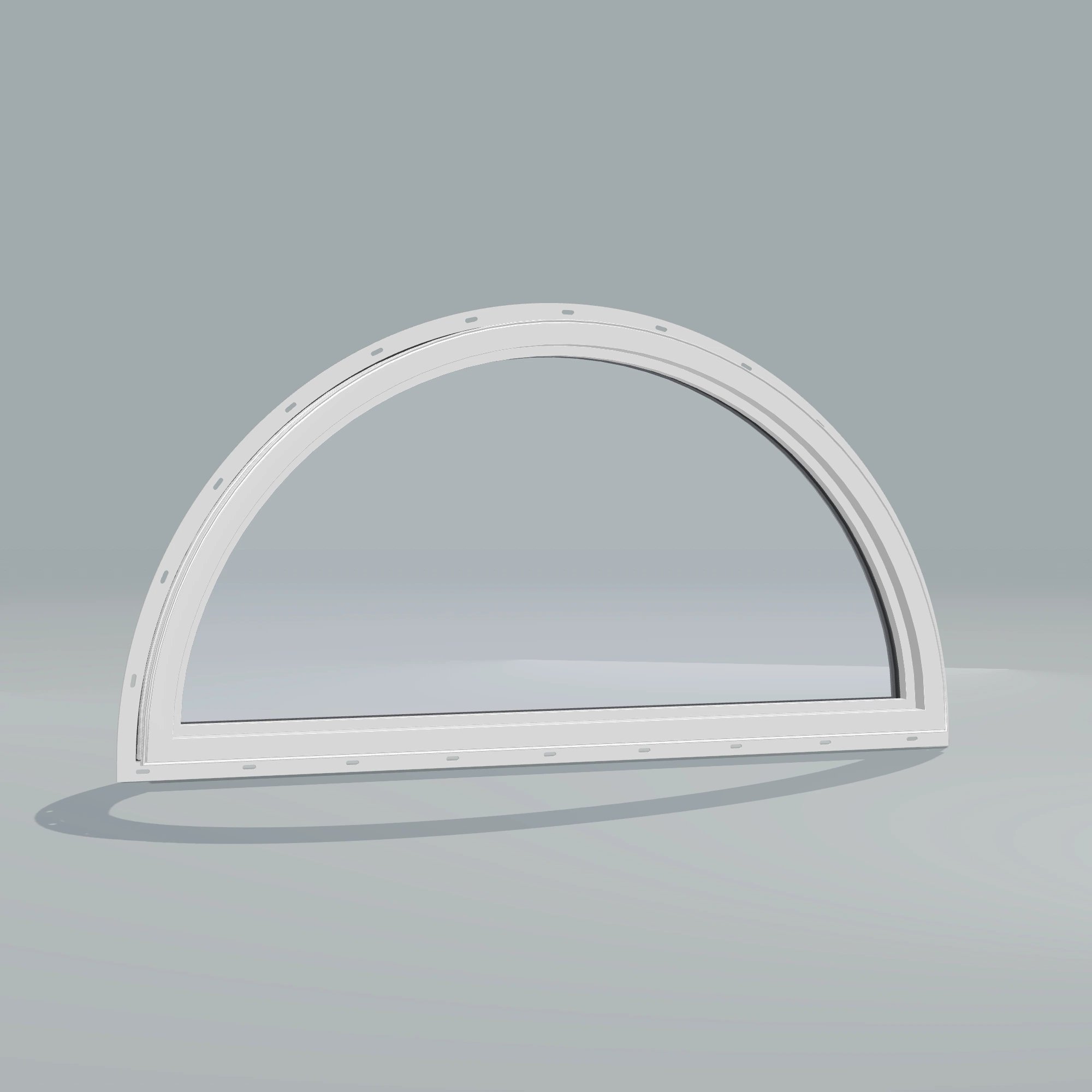 Angled interior view of the 48 × 24 inch half round, black exterior / white interior, with nailing flange