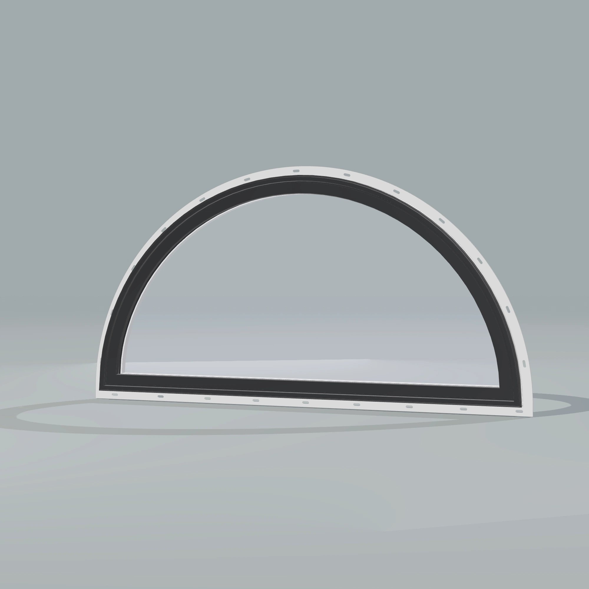 Opposite exterior angle of the 48 × 24 inch half round, black exterior / white interior, with nailing flange