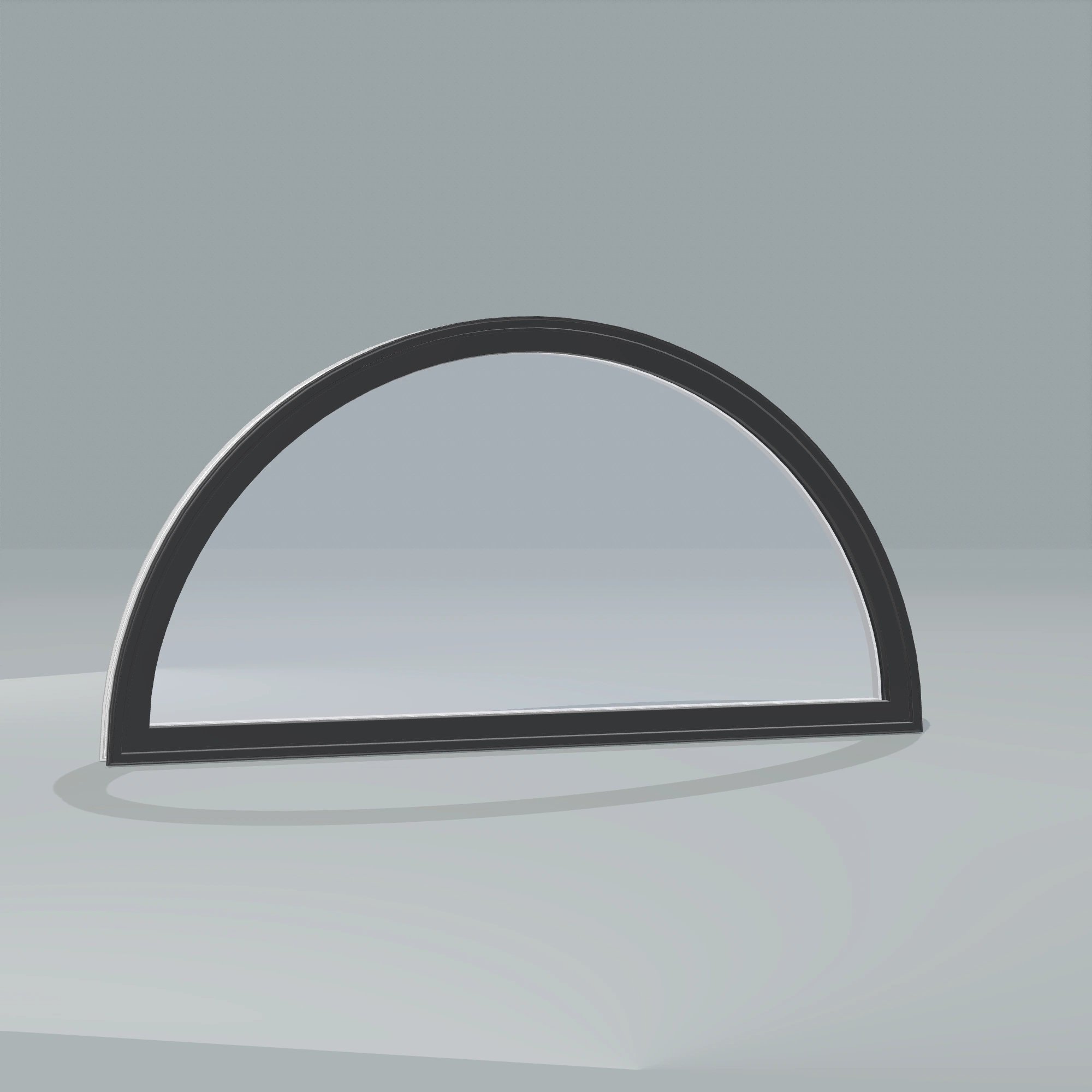 Angled exterior configurator view of the 48 × 24 inch half round, black exterior / white interior, without nailing flange
