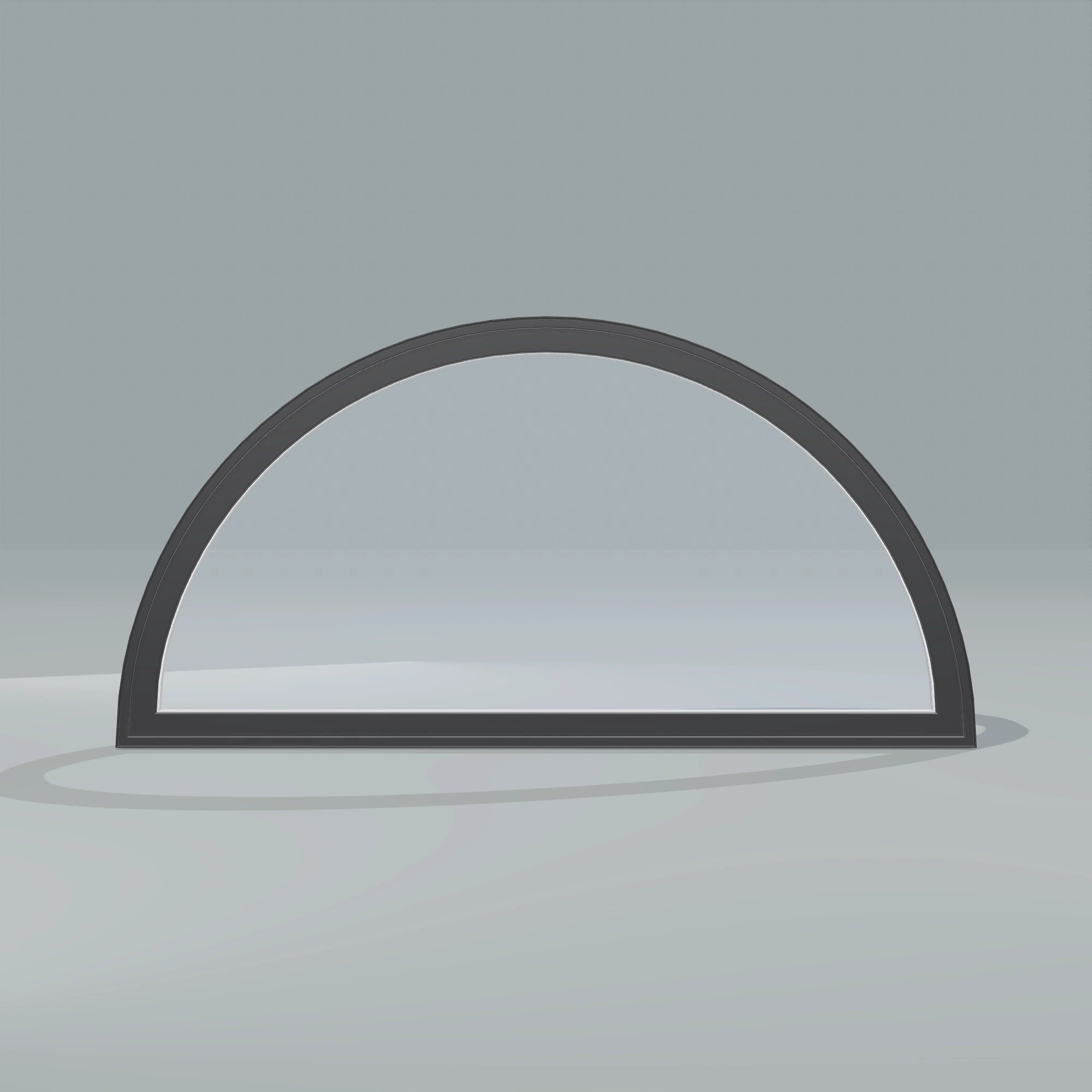 Straight exterior view of the 48 × 24 inch half round, black exterior / white interior, without nailing flange