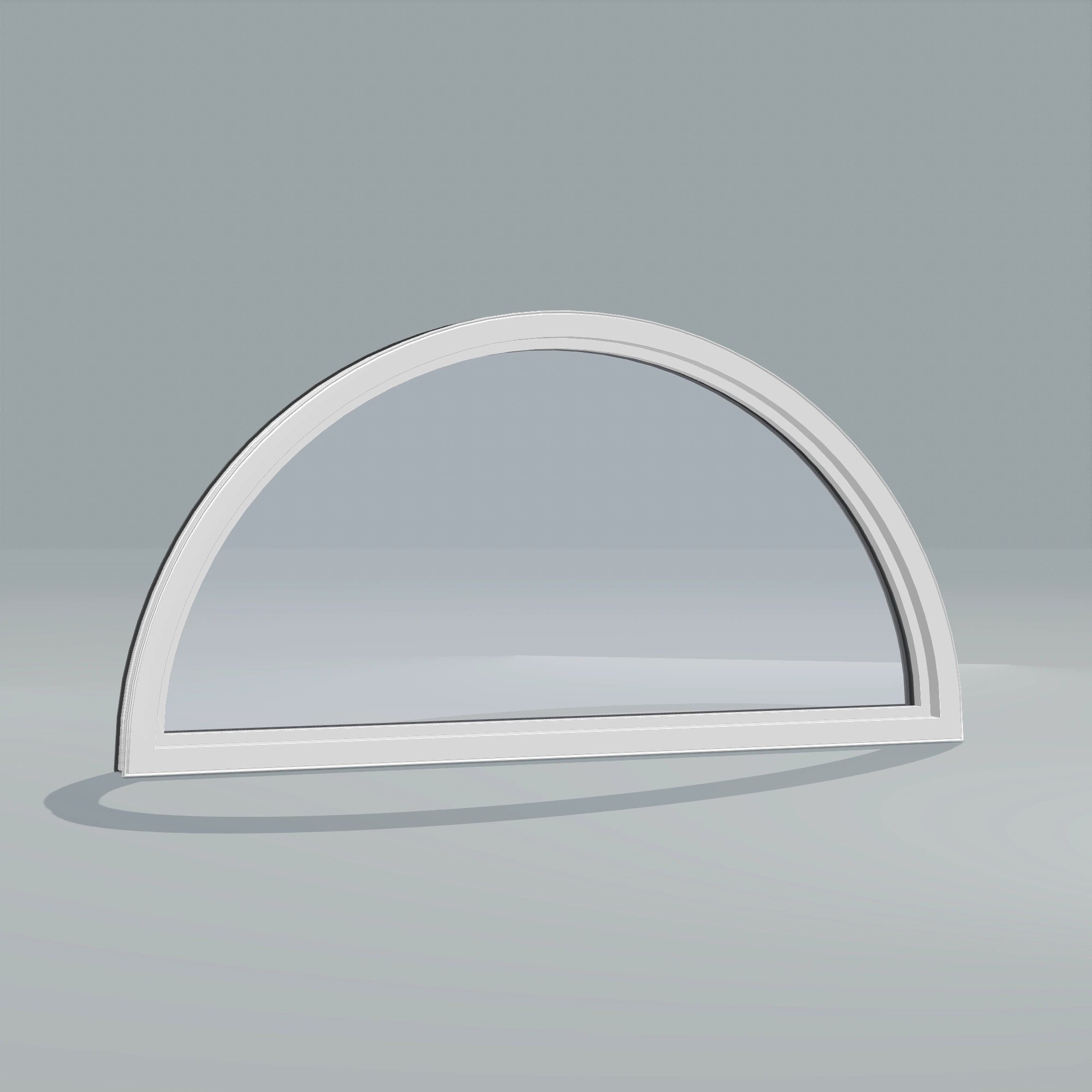 Angled interior view of the 48 × 24 inch half round, black exterior / white interior, without nailing flange