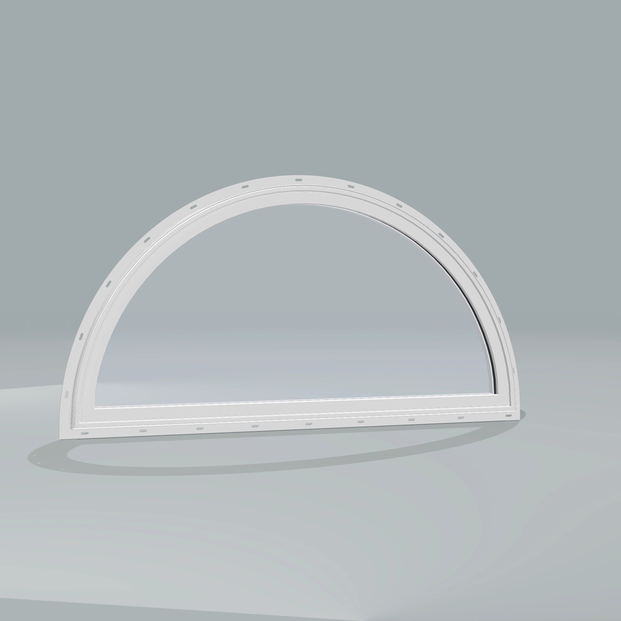 Angled exterior configurator view of the 48 × 24 inch half round, white exterior / white interior, with nailing flange