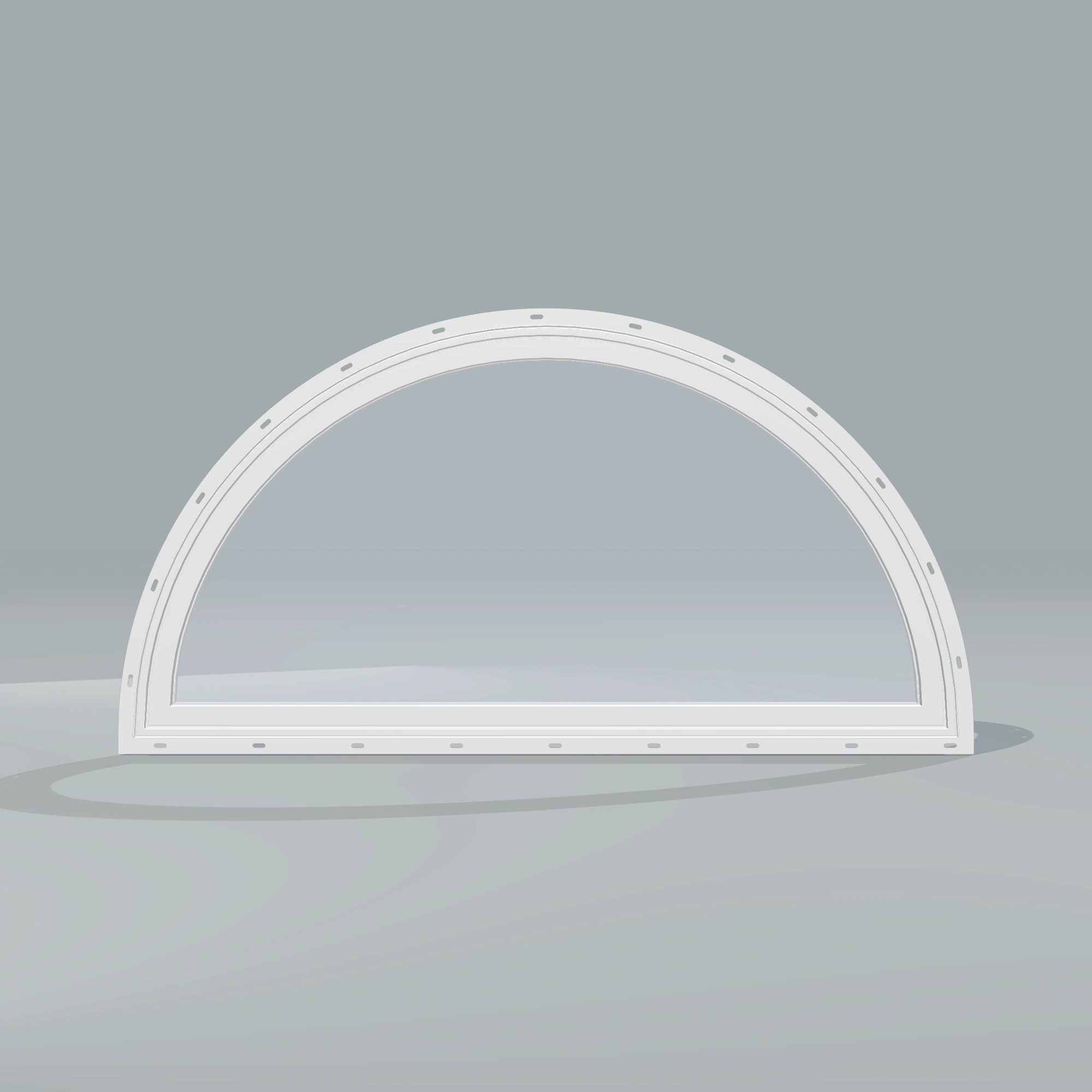 Straight exterior view of the 48 × 24 inch half round, white exterior / white interior, with nailing flange