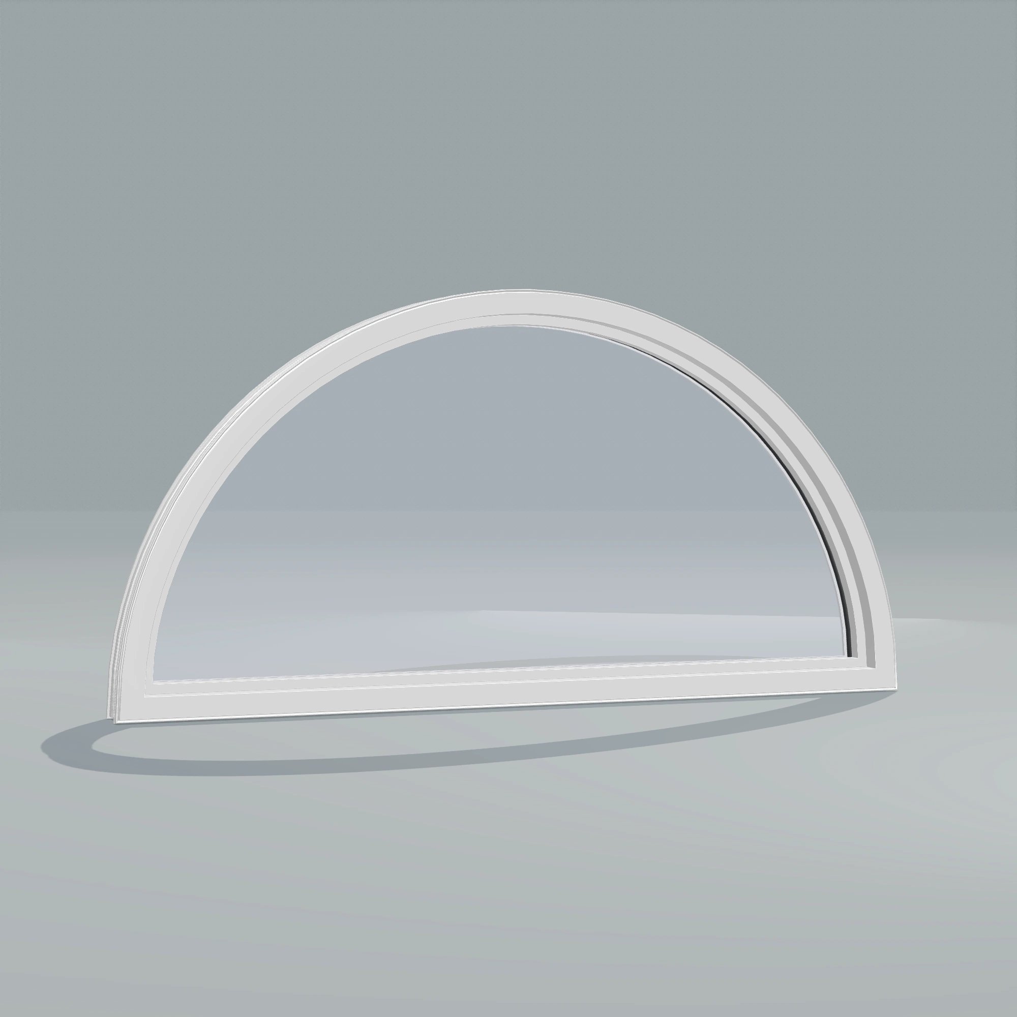 Angled interior view of the 48 × 24 inch half round, white exterior / white interior, without nailing flange