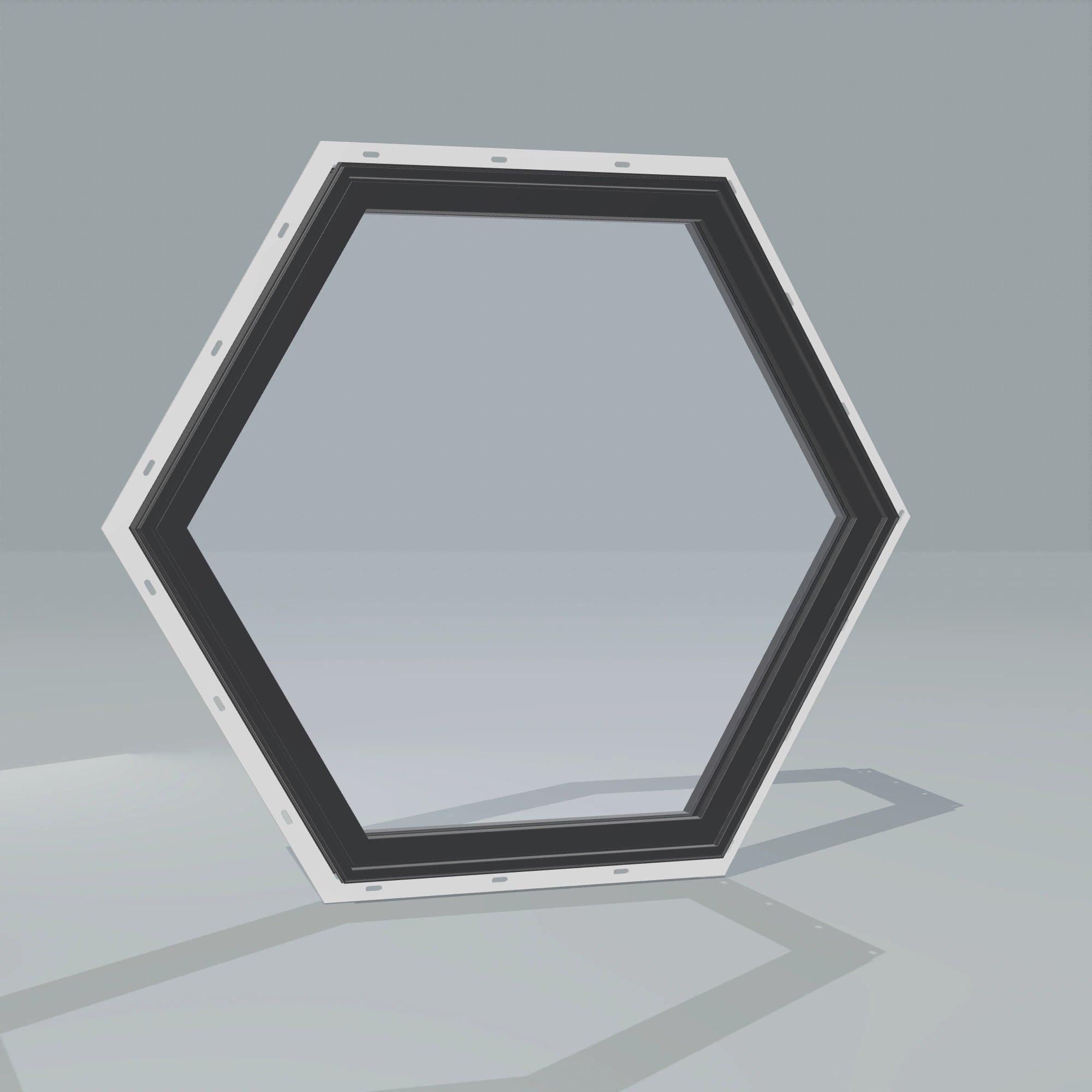 Angled exterior configurator view of the 36 × 36 inch hexagon, black exterior / black interior, with nailing flange