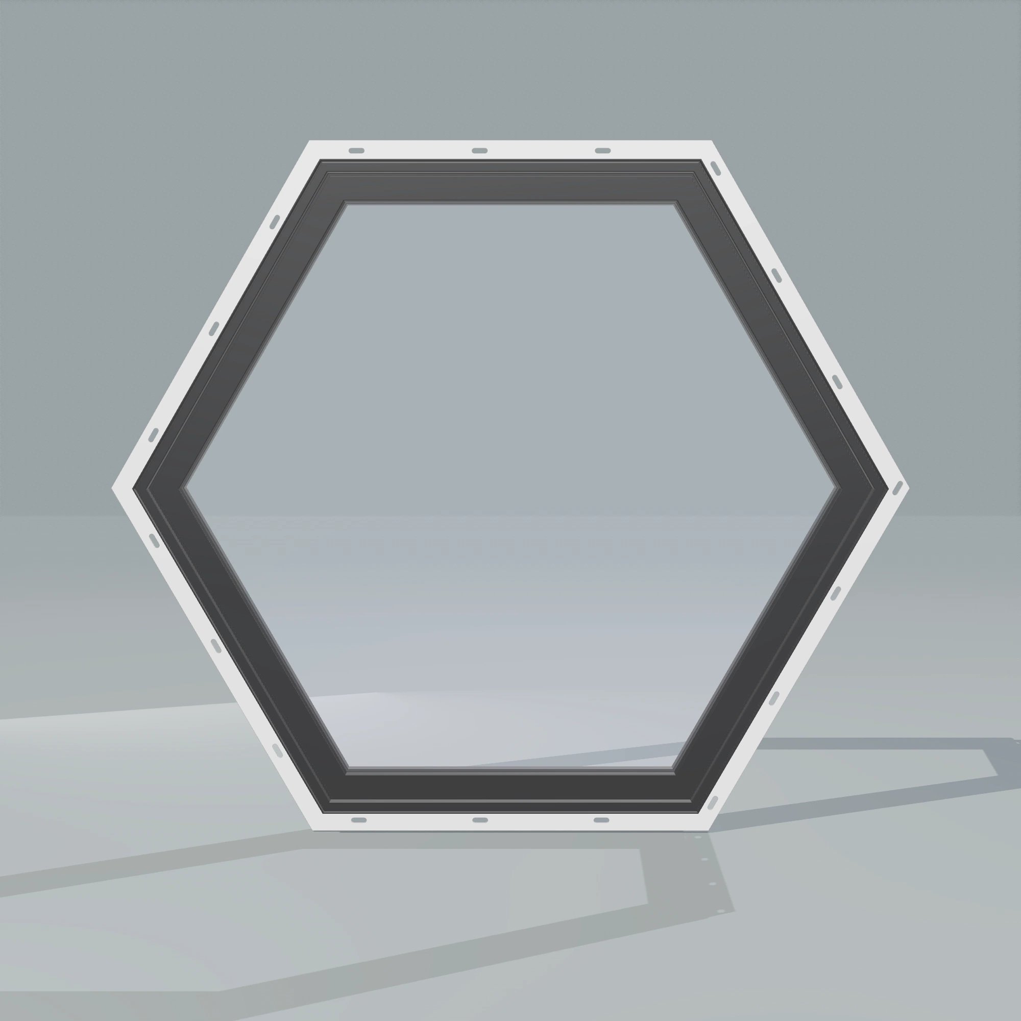 Straight exterior view of the 36 × 36 inch hexagon, black exterior / black interior, with nailing flange