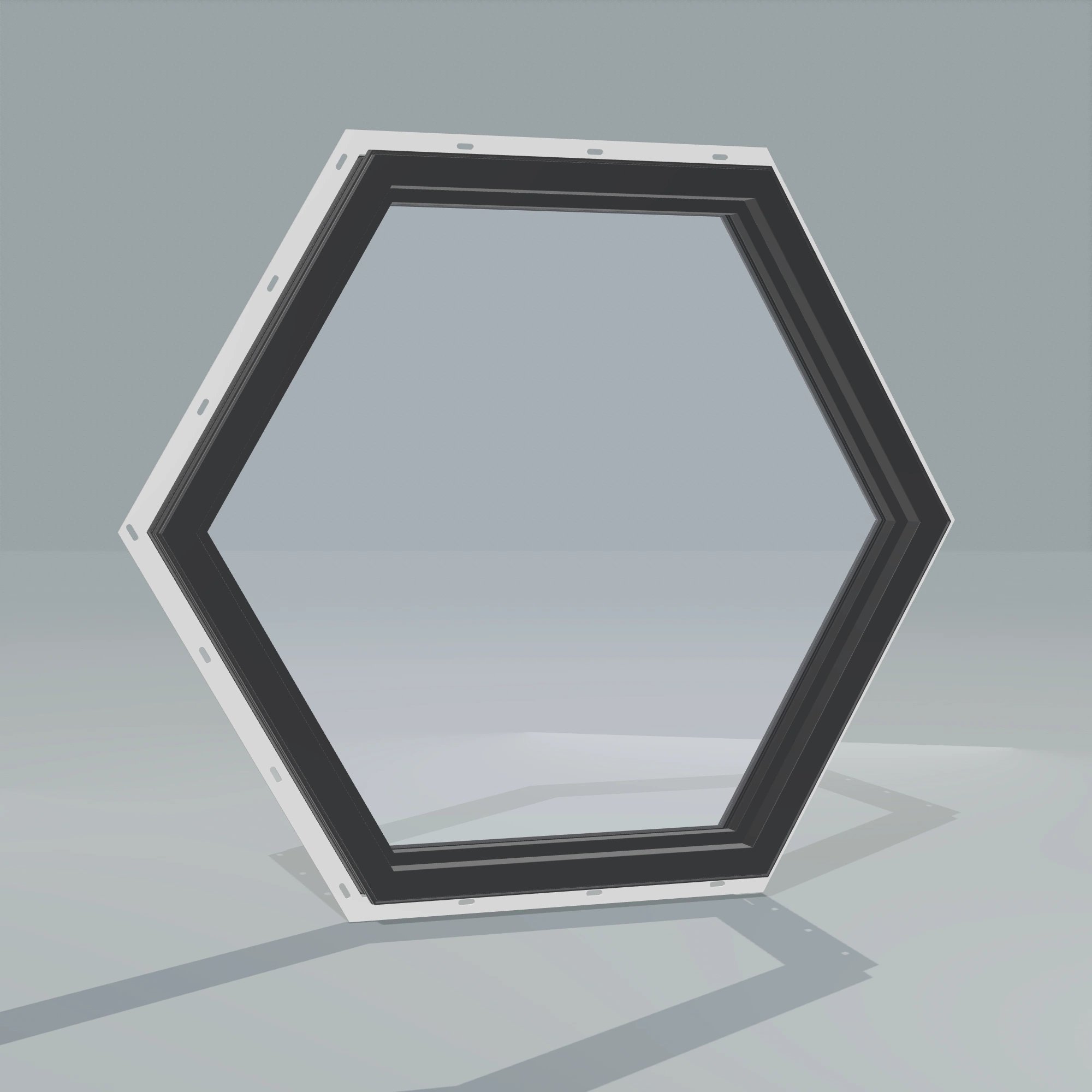 Angled interior view of the 36 × 36 inch hexagon, black exterior / black interior, with nailing flange
