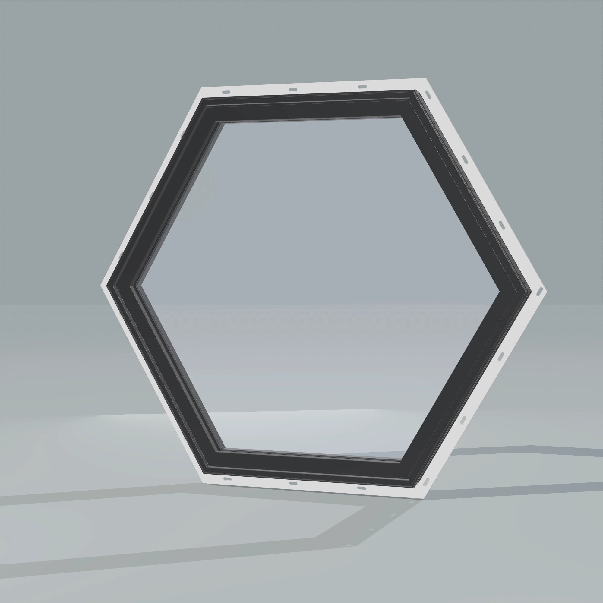 Opposite exterior angle of the 36 × 36 inch hexagon, black exterior / black interior, with nailing flange