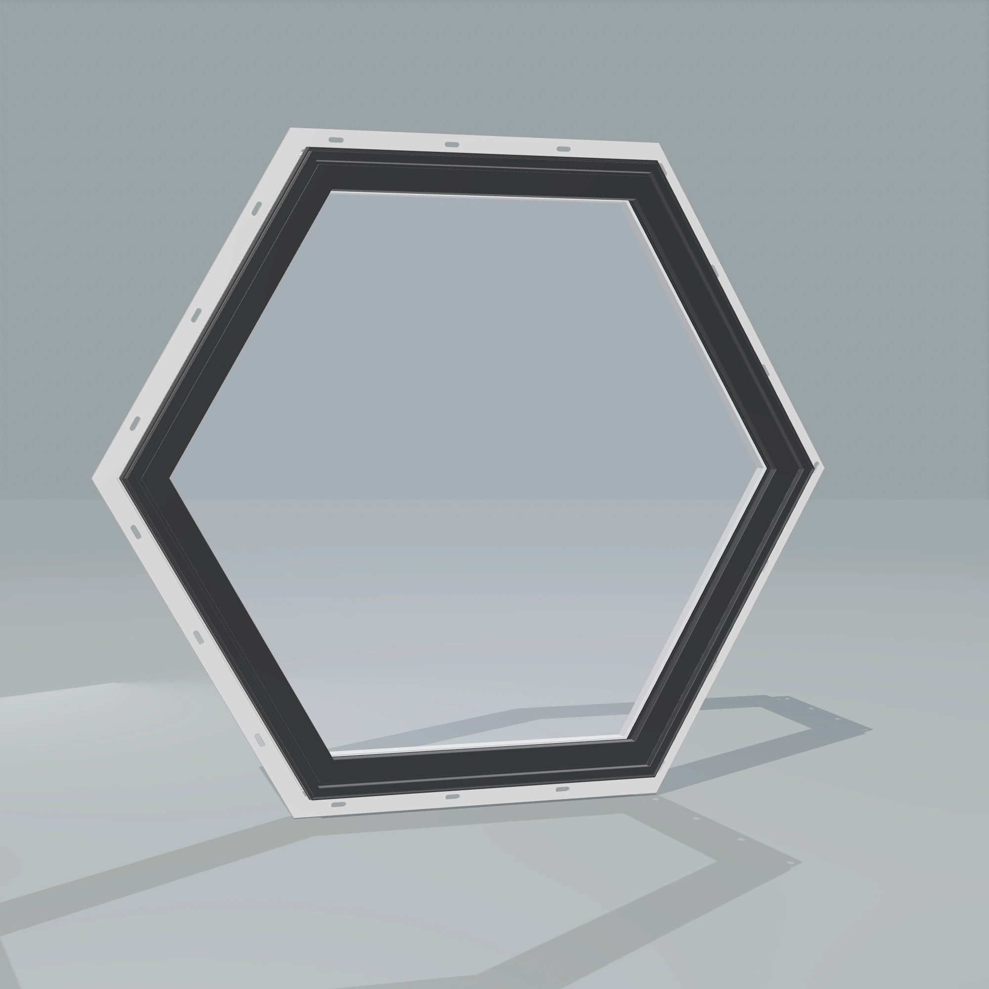 Angled exterior configurator view of the 36 × 36 inch hexagon, black exterior / white interior, with nailing flange