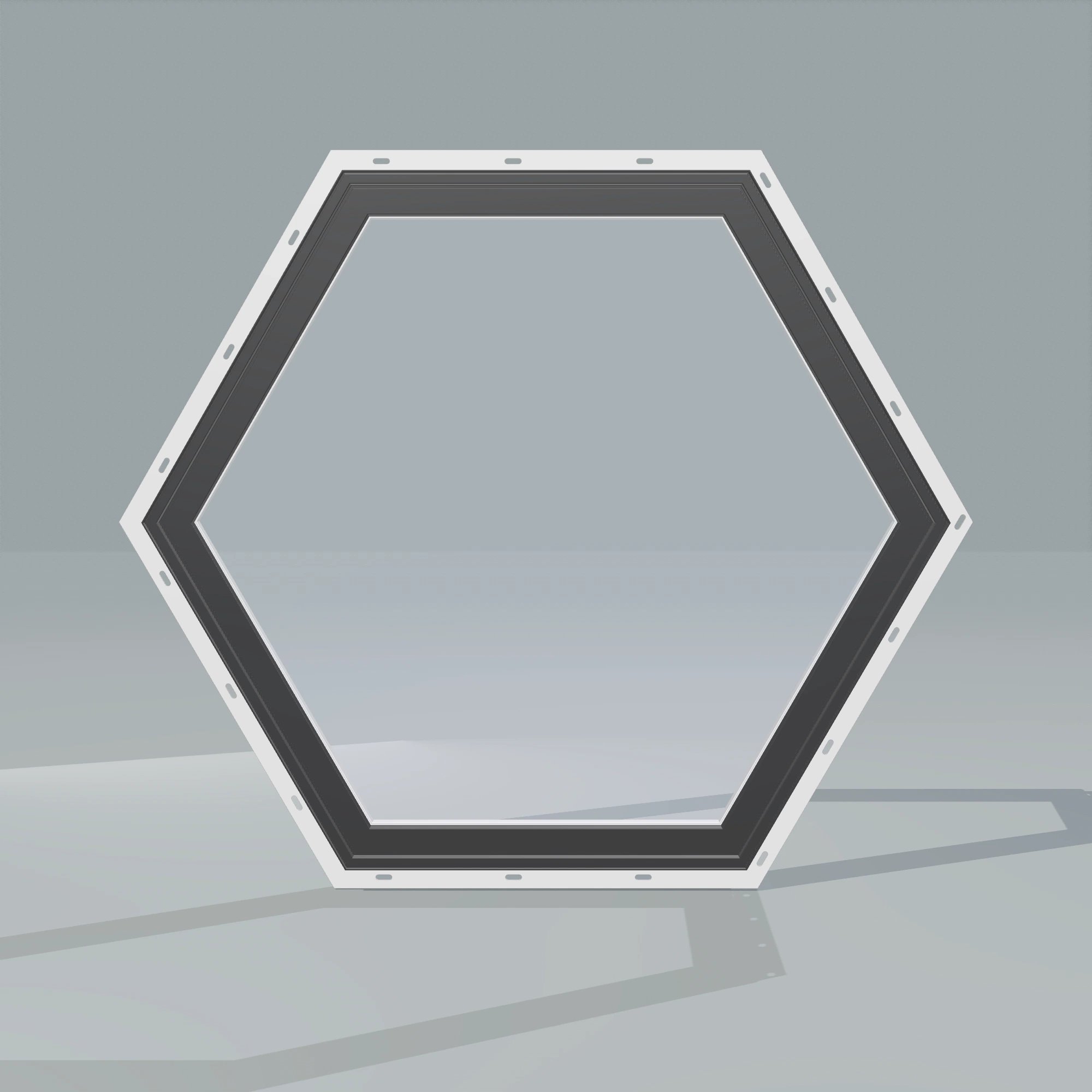 Straight exterior view of the 36 × 36 inch hexagon, black exterior / white interior, with nailing flange