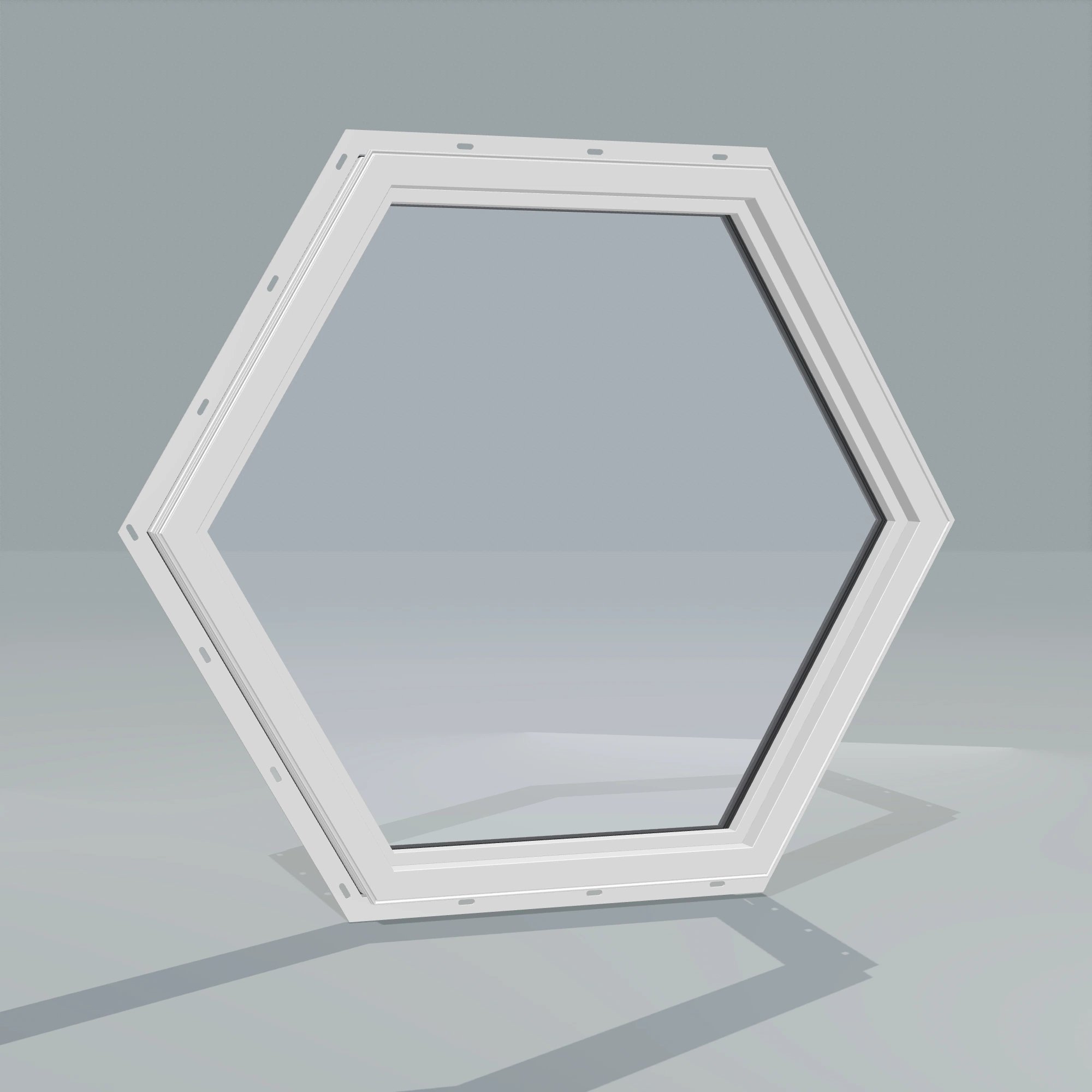 Angled interior view of the 36 × 36 inch hexagon, black exterior / white interior, with nailing flange