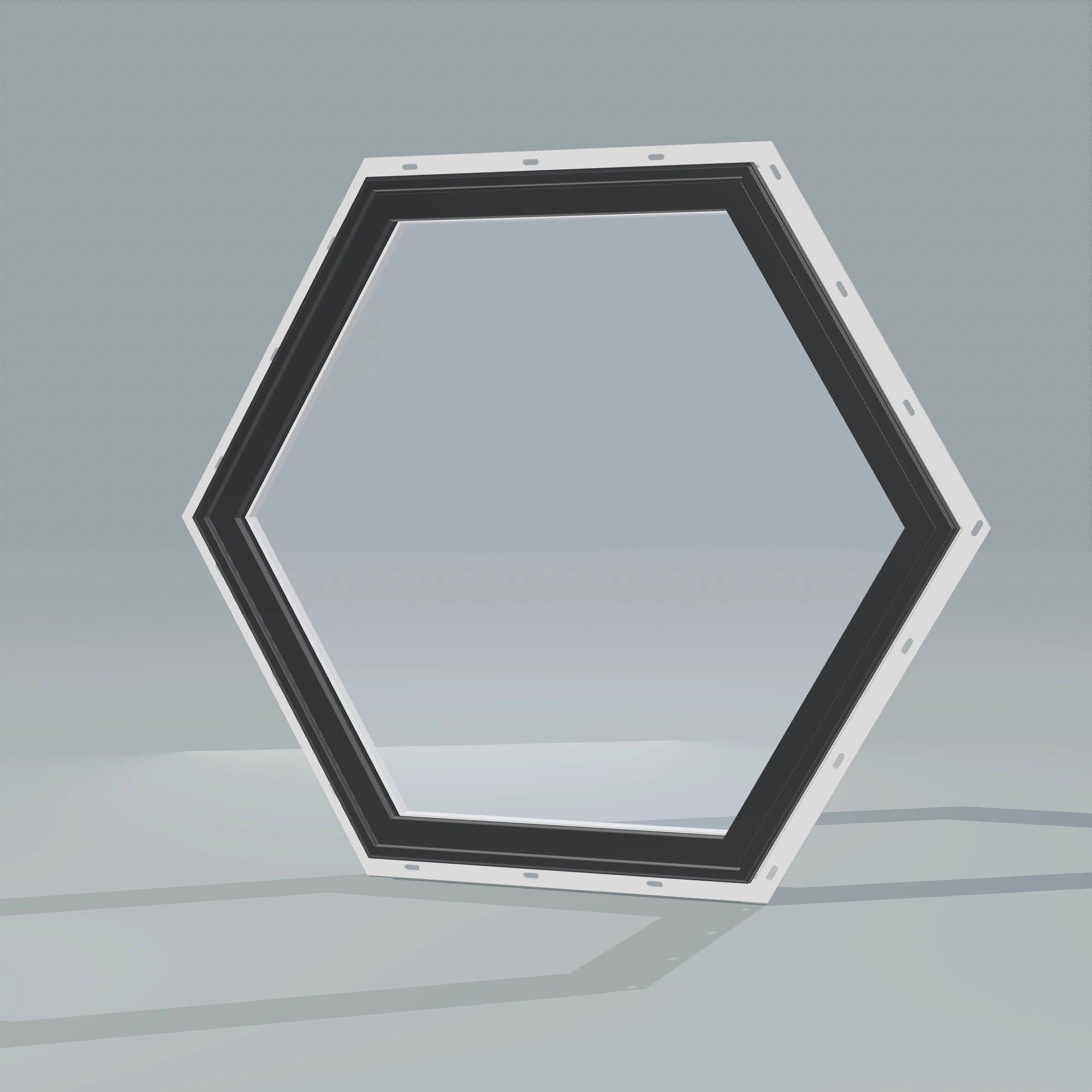 Opposite exterior angle of the 36 × 36 inch hexagon, black exterior / white interior, with nailing flange