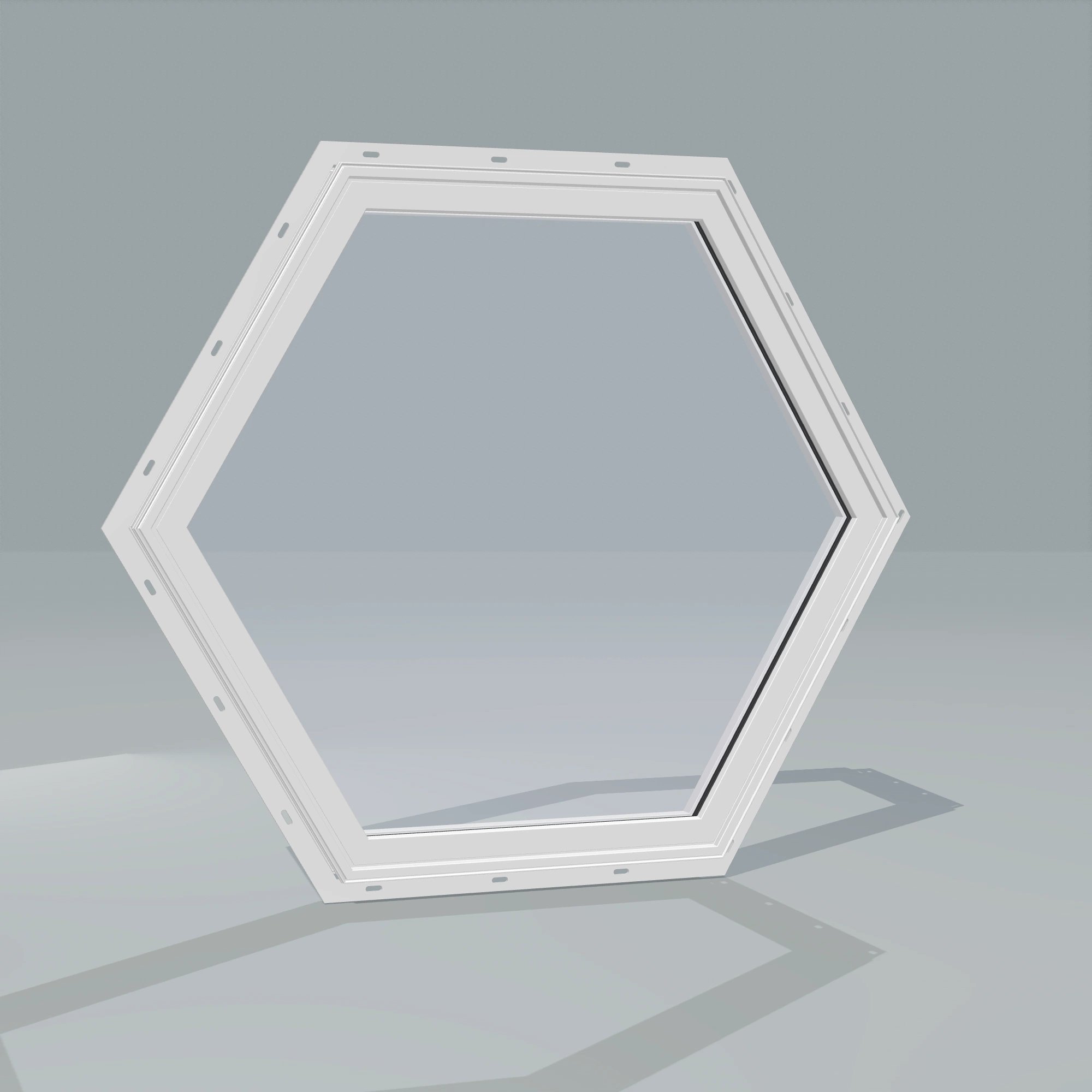 Angled exterior configurator view of the 36 × 36 inch hexagon, white exterior / white interior, with nailing flange