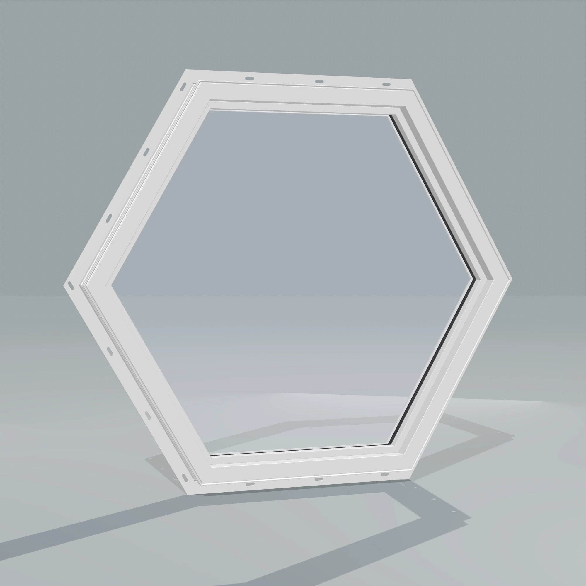 Angled interior view of the 36 × 36 inch hexagon, white exterior / white interior, with nailing flange