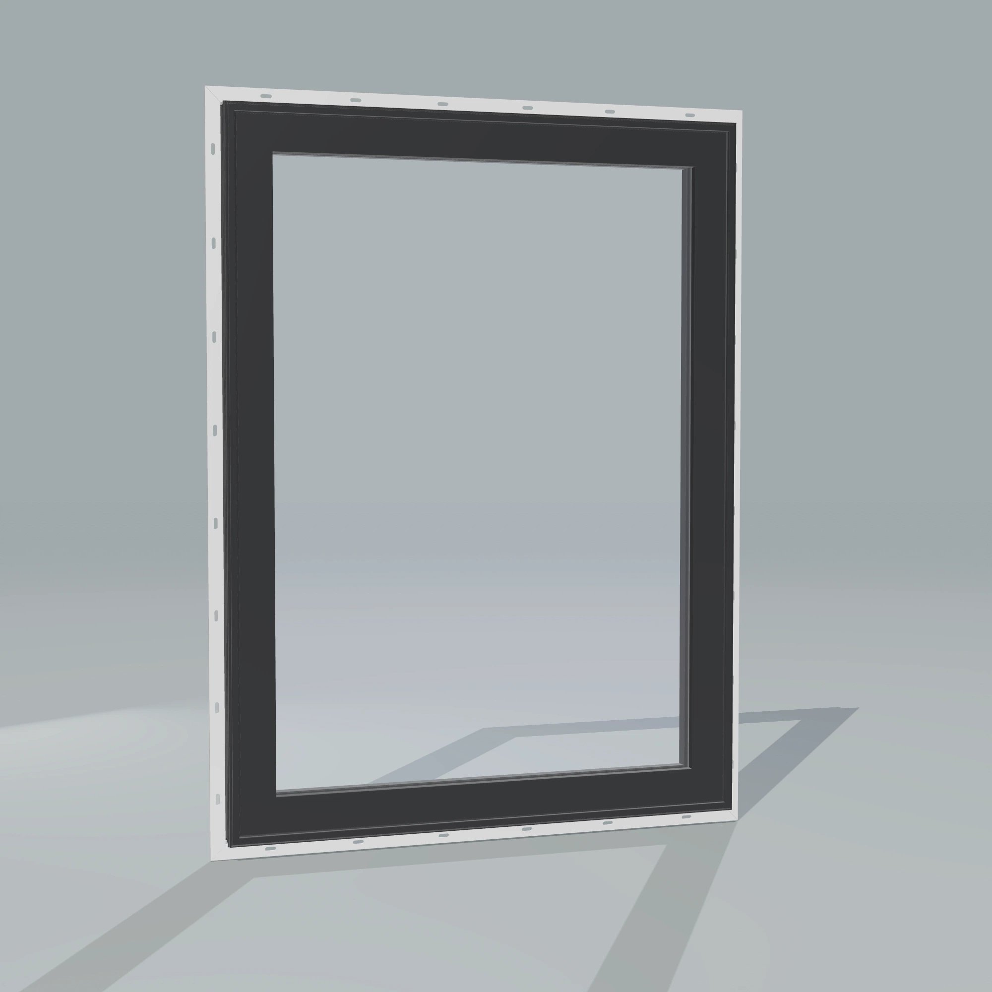 Angled exterior configurator view of the 36 × 48 inch high fixed window, black exterior / black interior, with nailing flange