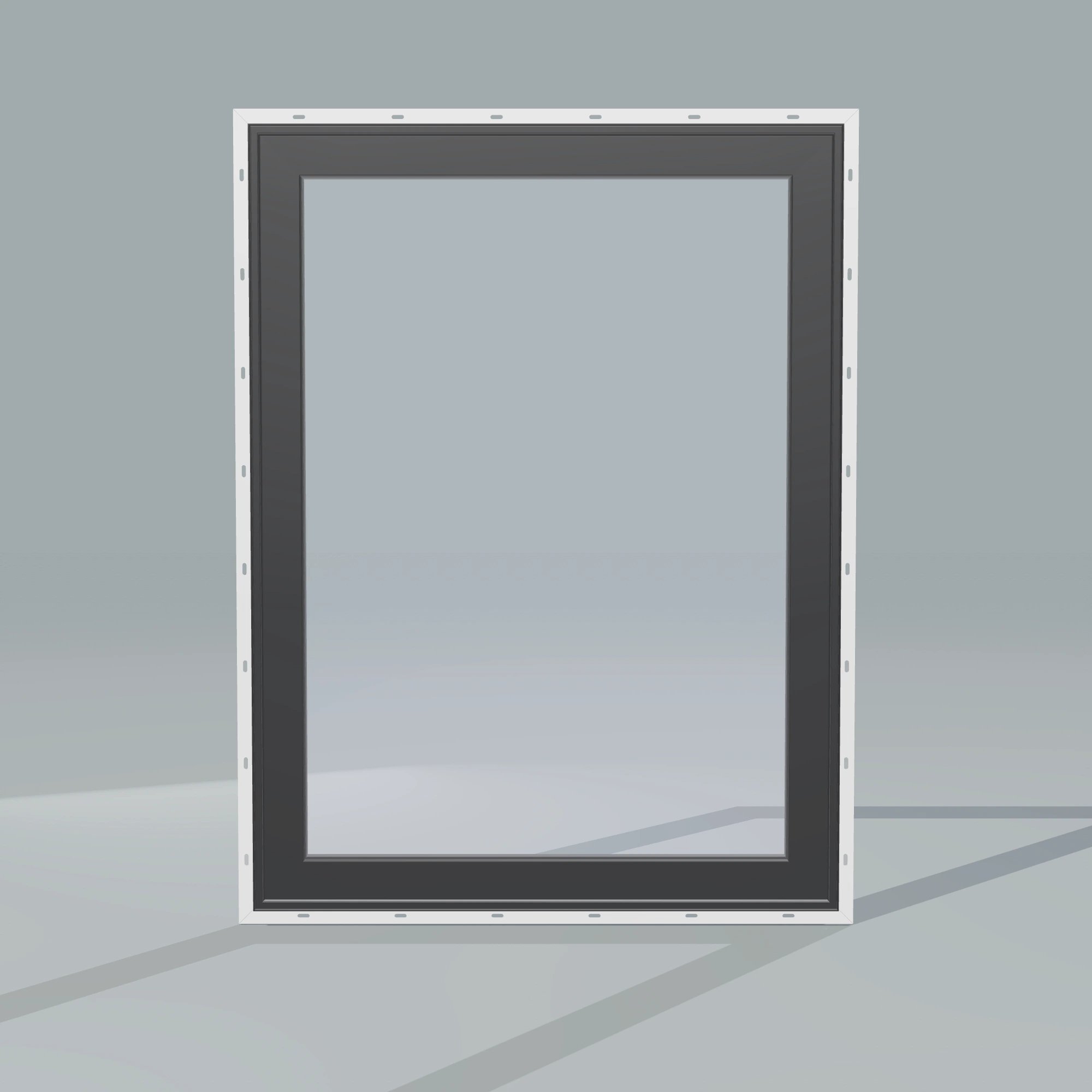 Straight exterior view of the 36 × 48 inch high fixed window, black exterior / black interior, with nailing flange