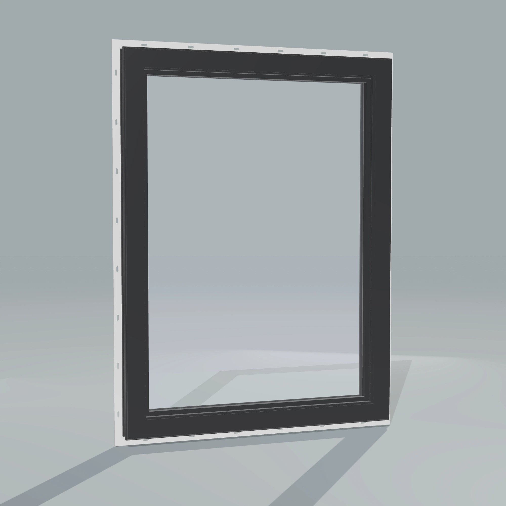 Angled interior view of the 36 × 48 inch high fixed window, black exterior / black interior, with nailing flange
