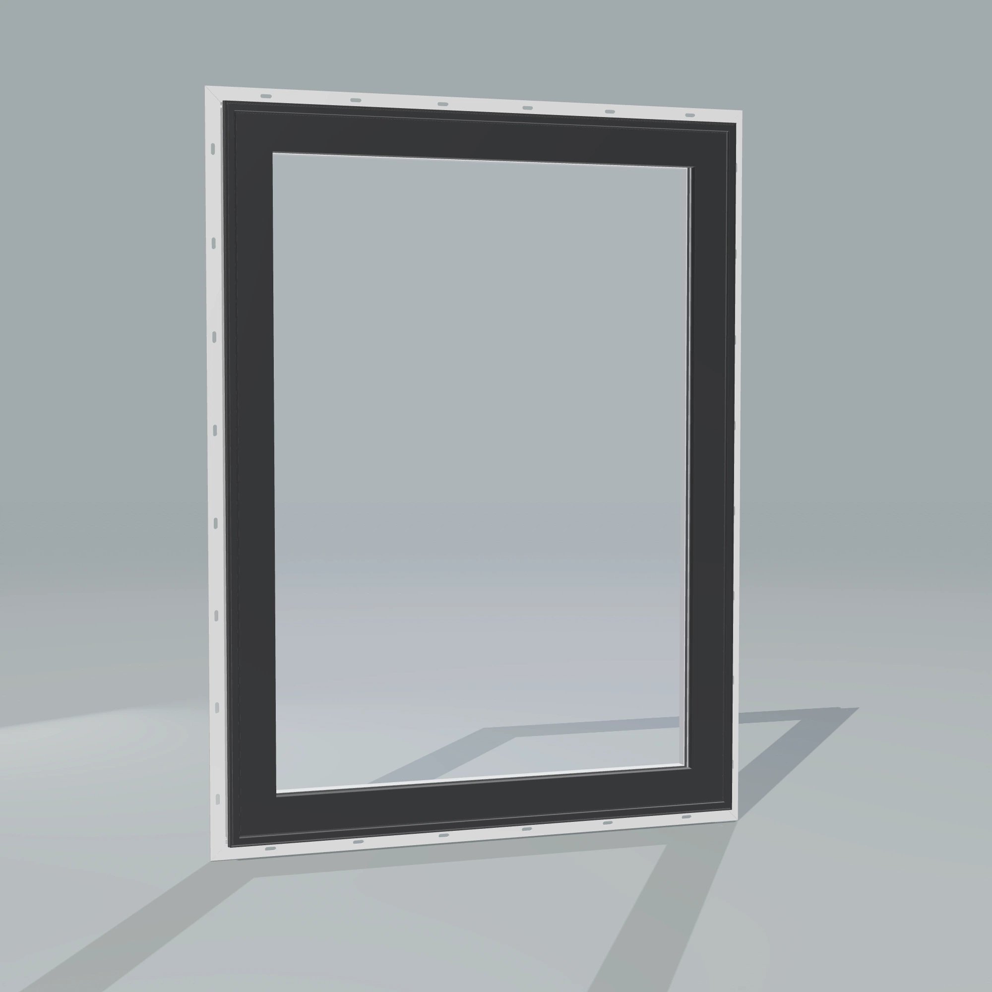 Angled exterior configurator view of the 36 × 48 inch high fixed window, black exterior / white interior, with nailing flange