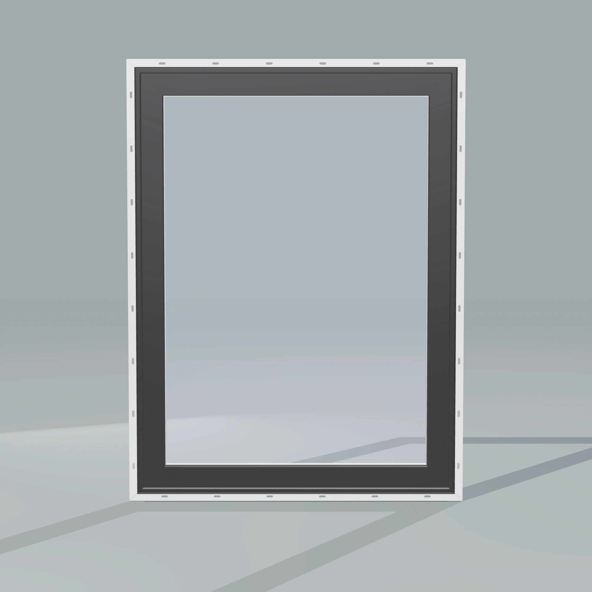 Straight exterior view of the 36 × 48 inch high fixed window, black exterior / white interior, with nailing flange