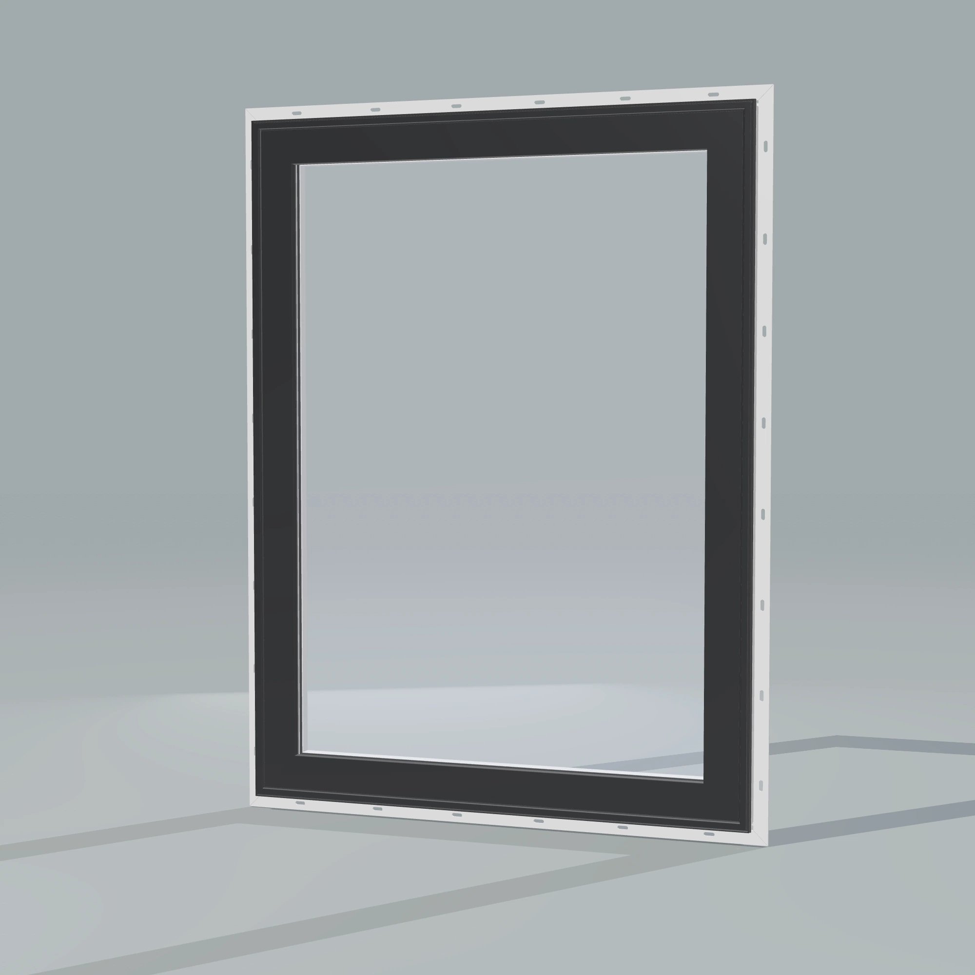 Opposite exterior angle of the 36 × 48 inch high fixed window, black exterior / white interior, with nailing flange