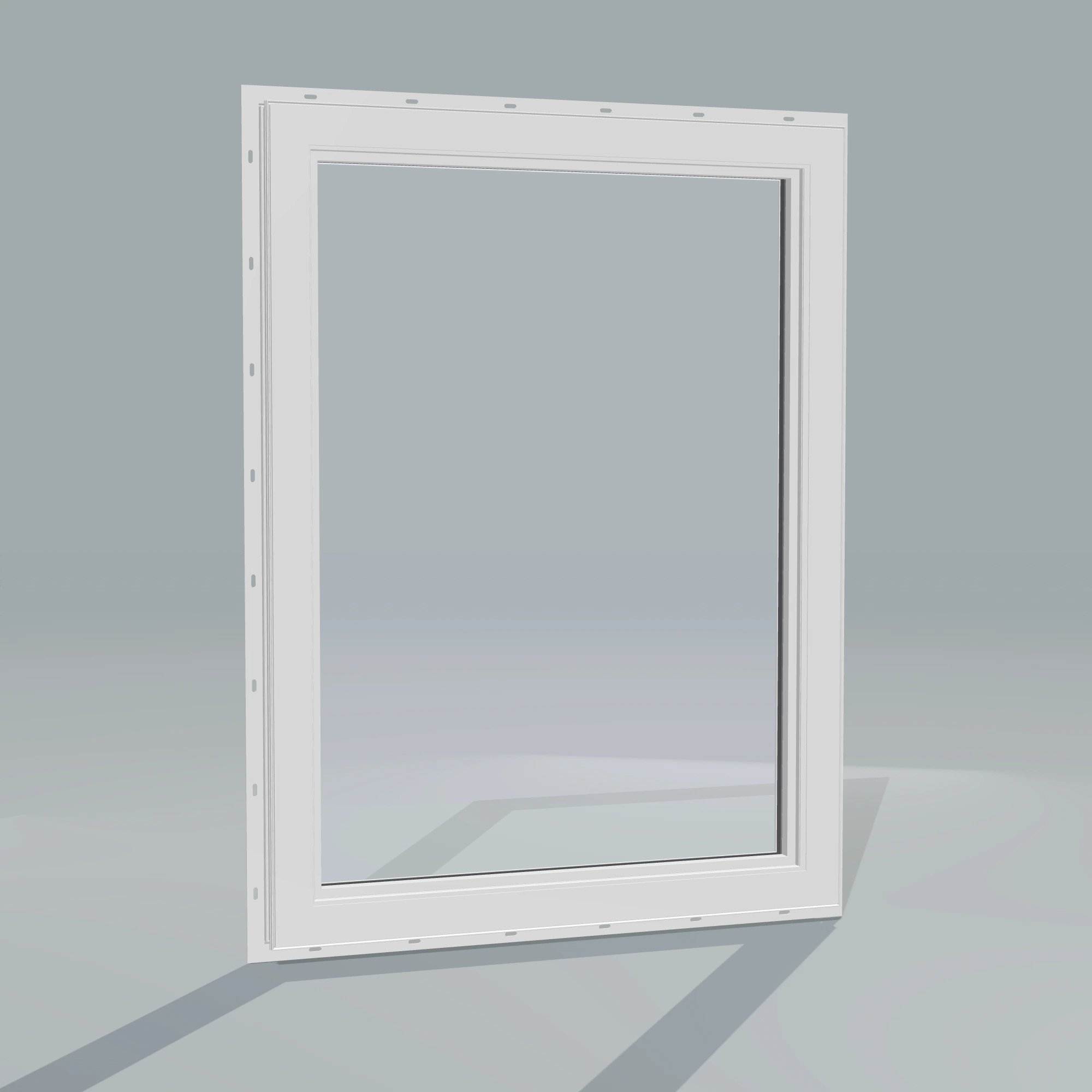 Angled interior view of the 36 × 48 inch high fixed window, white exterior / white interior, with nailing flange