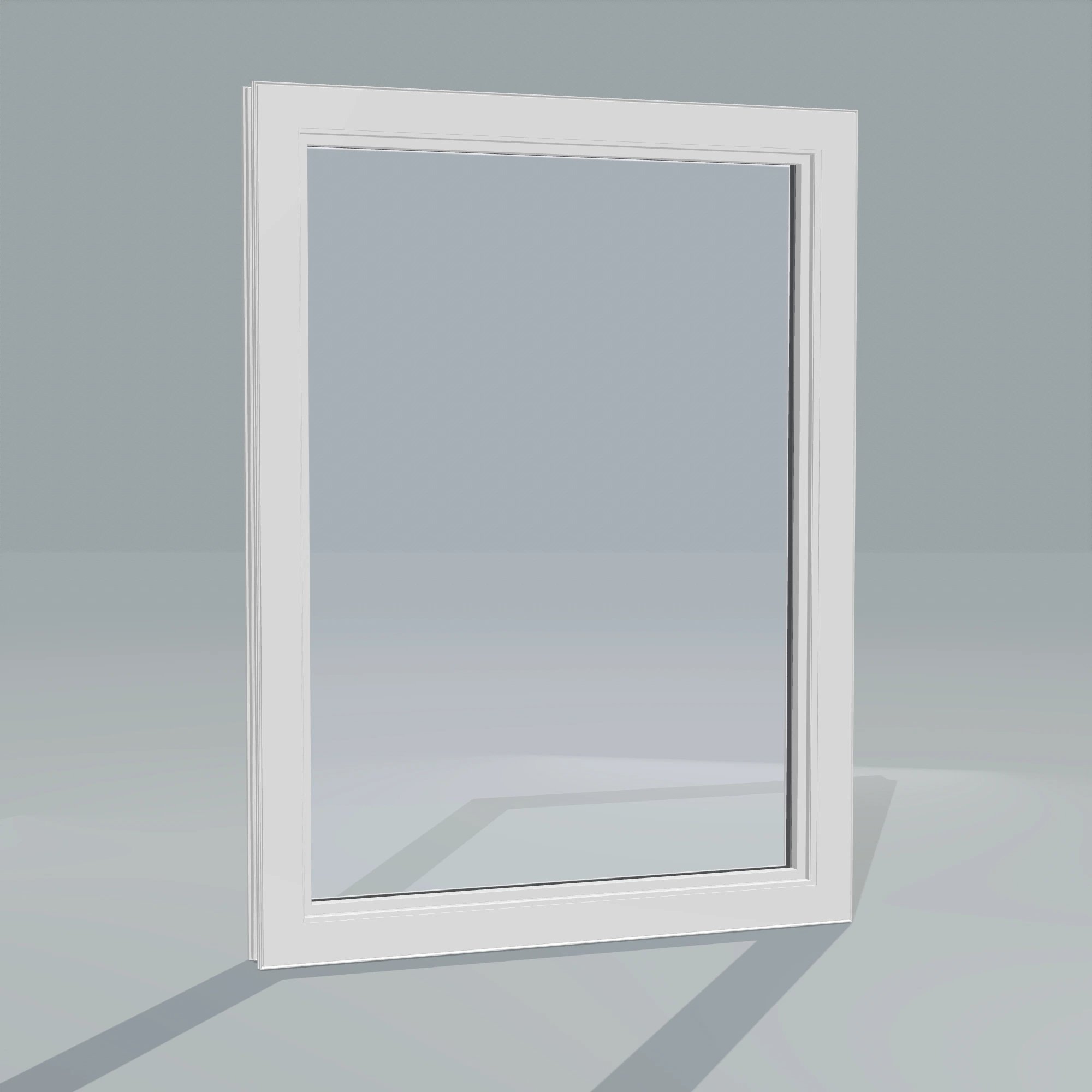 Angled interior view of the 36 × 48 inch high fixed window, white exterior / white interior, without nailing flange