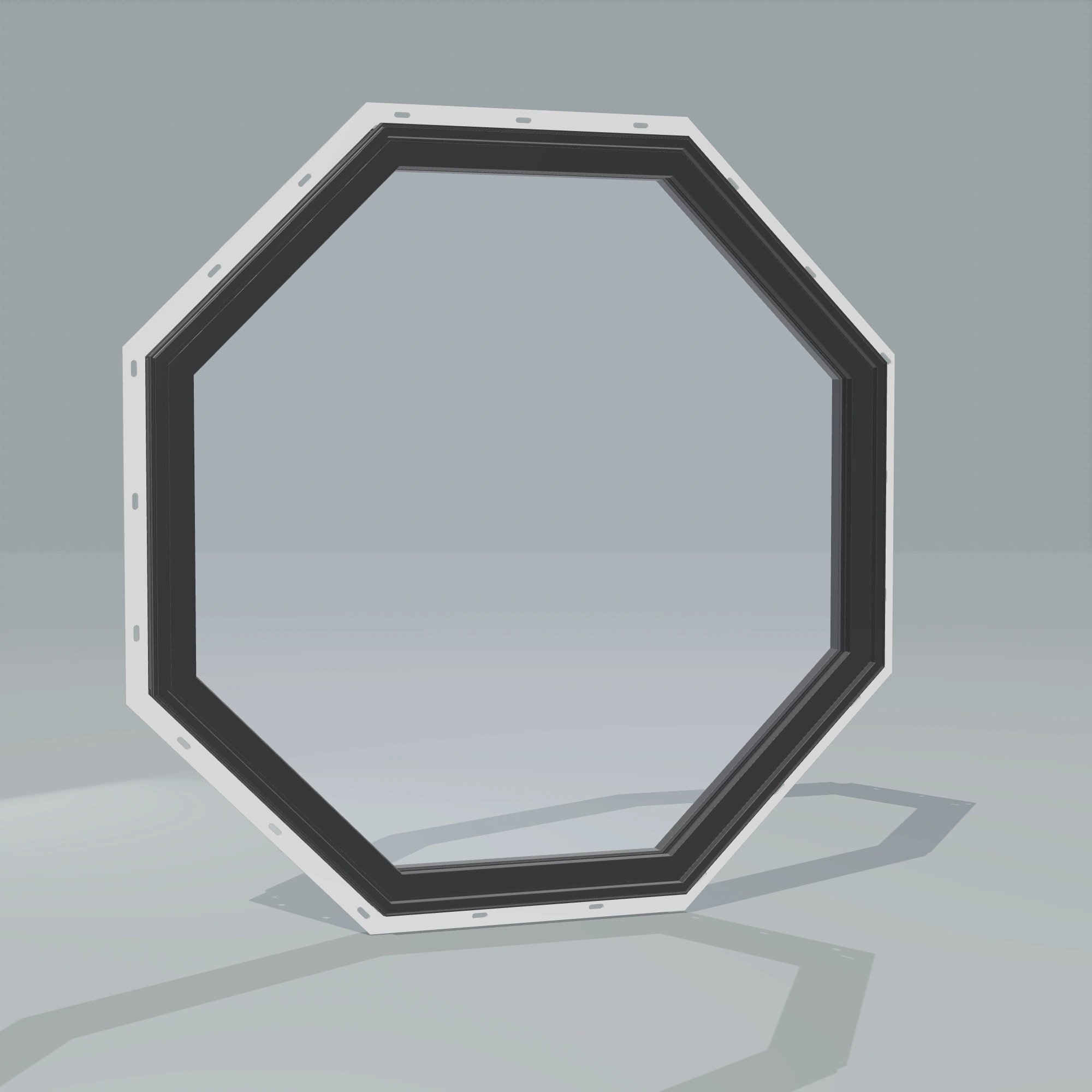 Angled exterior configurator view of the 36 × 36 inch octagon, black exterior / black interior, with nailing flange