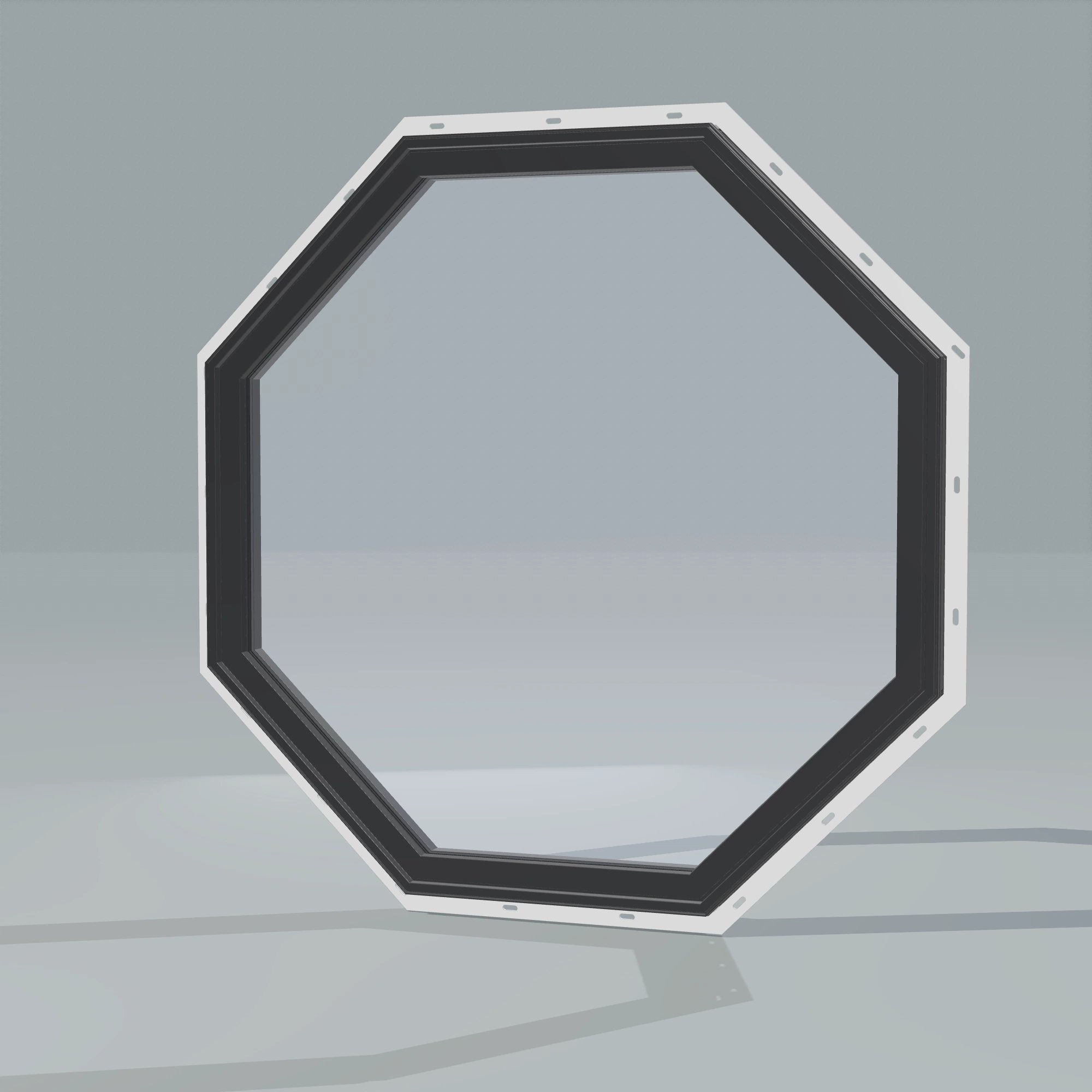 Opposite exterior angle of the 36 × 36 inch octagon, black exterior / black interior, with nailing flange