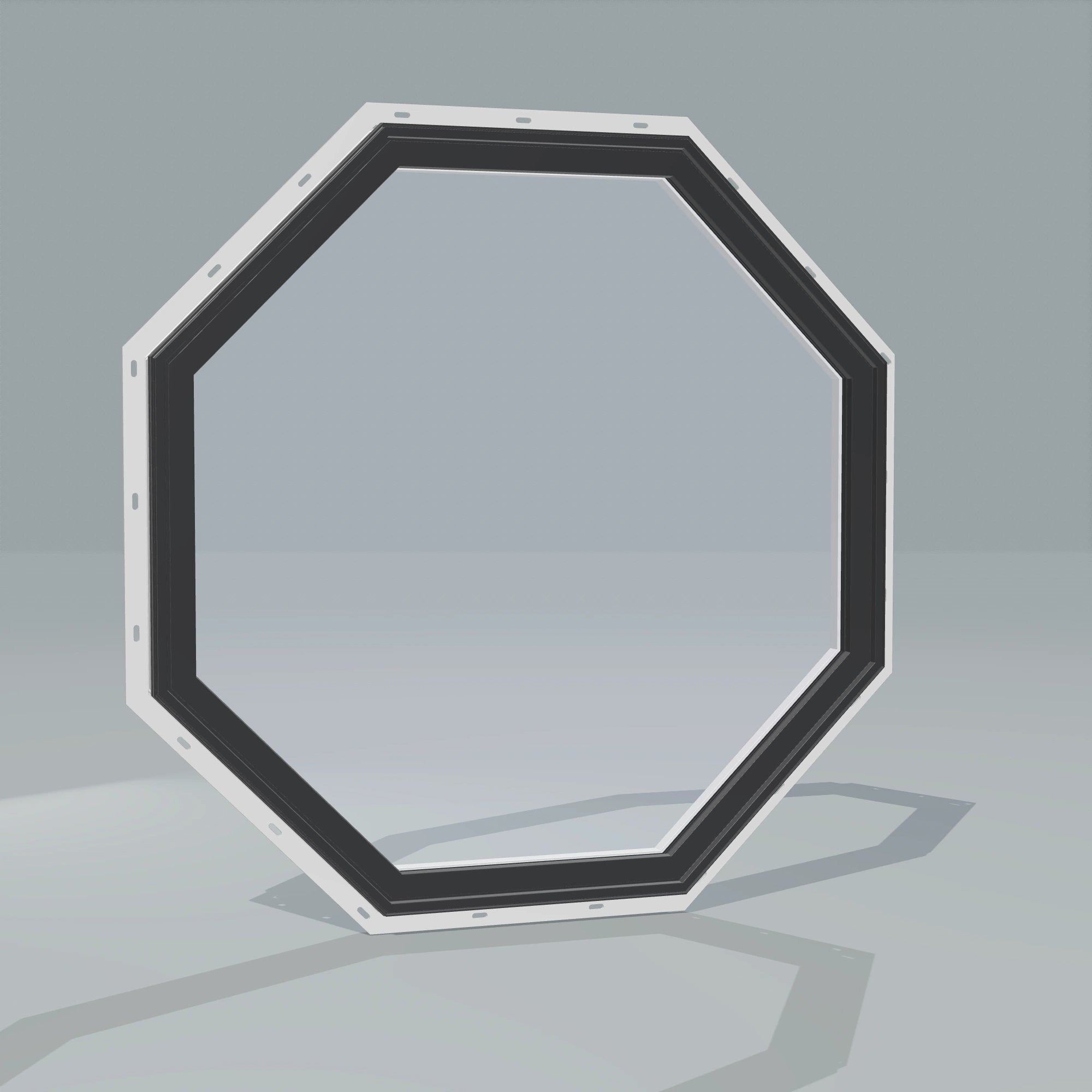 Angled exterior configurator view of the 36 × 36 inch octagon, black exterior / white interior, with nailing flange