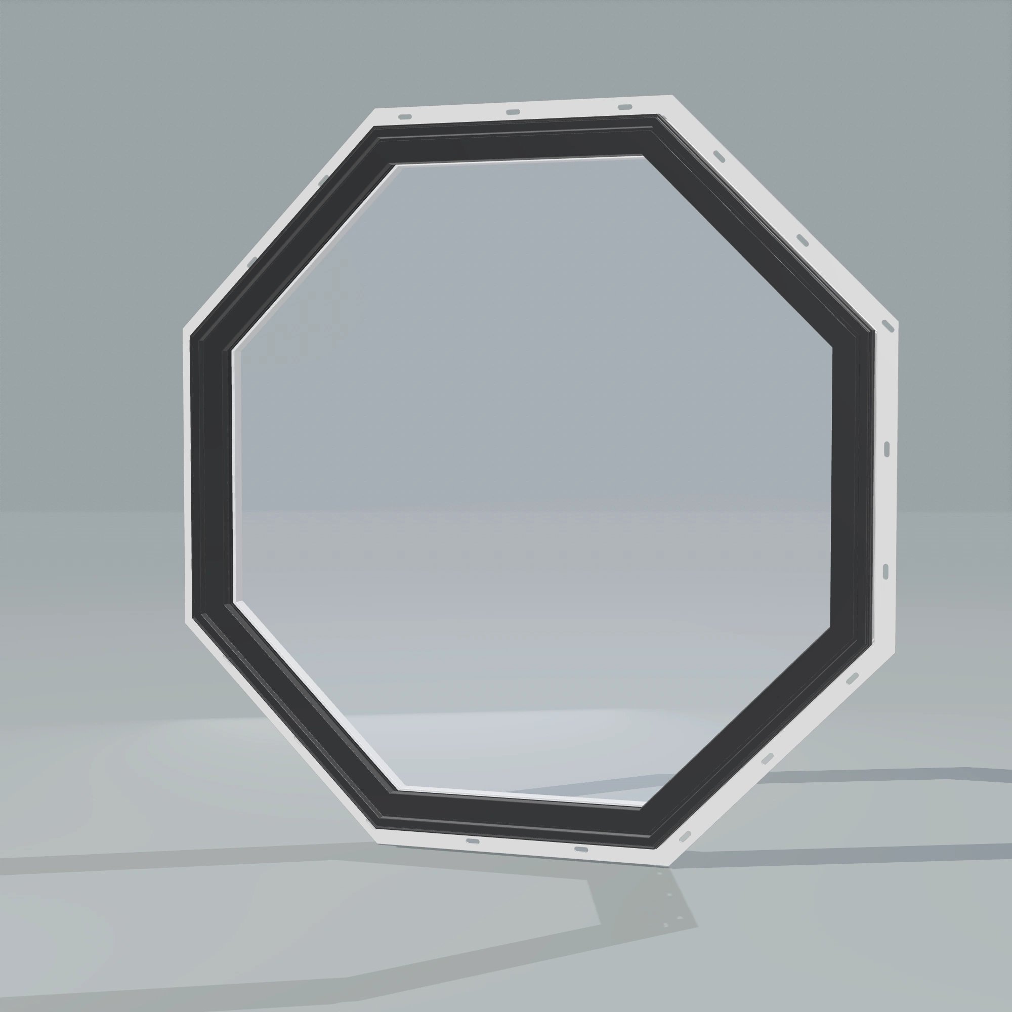 Opposite exterior angle of the 36 × 36 inch octagon, black exterior / white interior, with nailing flange