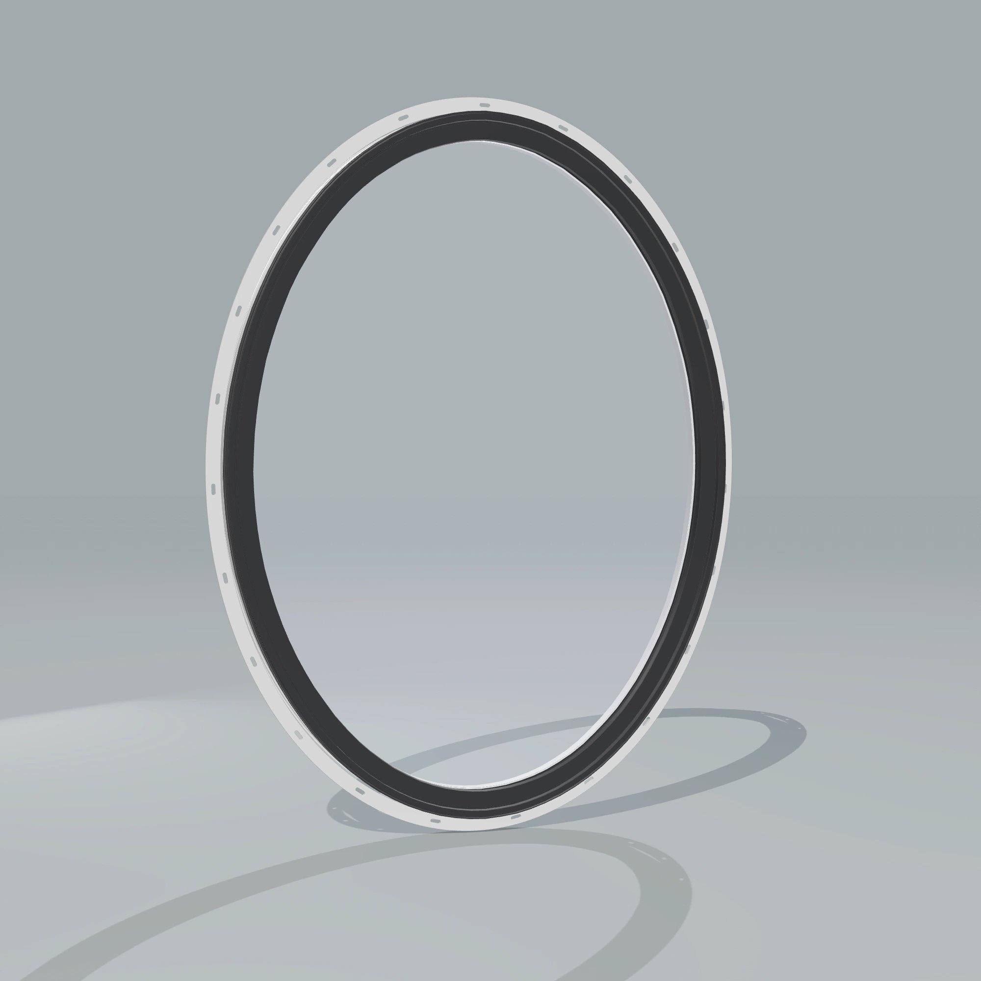 Angled exterior configurator view of the 36 × 48 inch oval, black exterior / white interior, with nailing flange