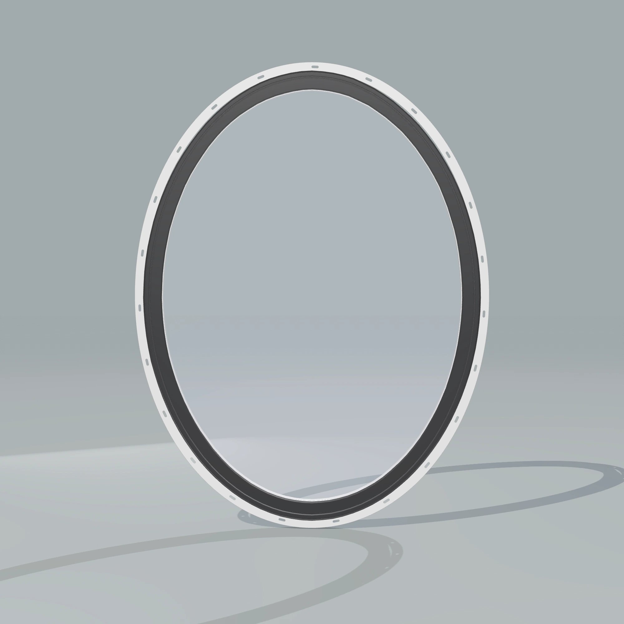 Straight exterior view of the 36 × 48 inch oval, black exterior / white interior, with nailing flange