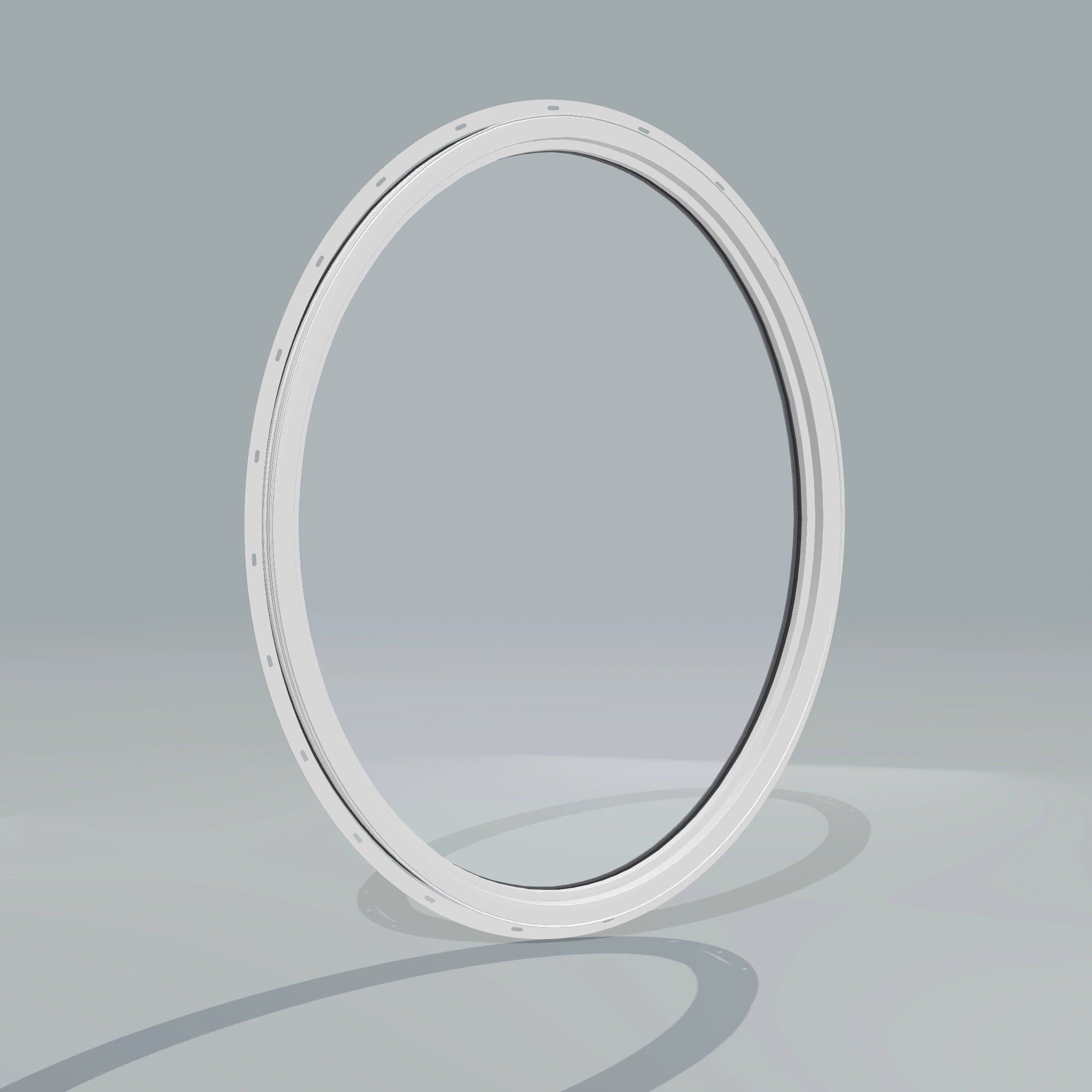 Angled interior view of the 36 × 48 inch oval, black exterior / white interior, with nailing flange