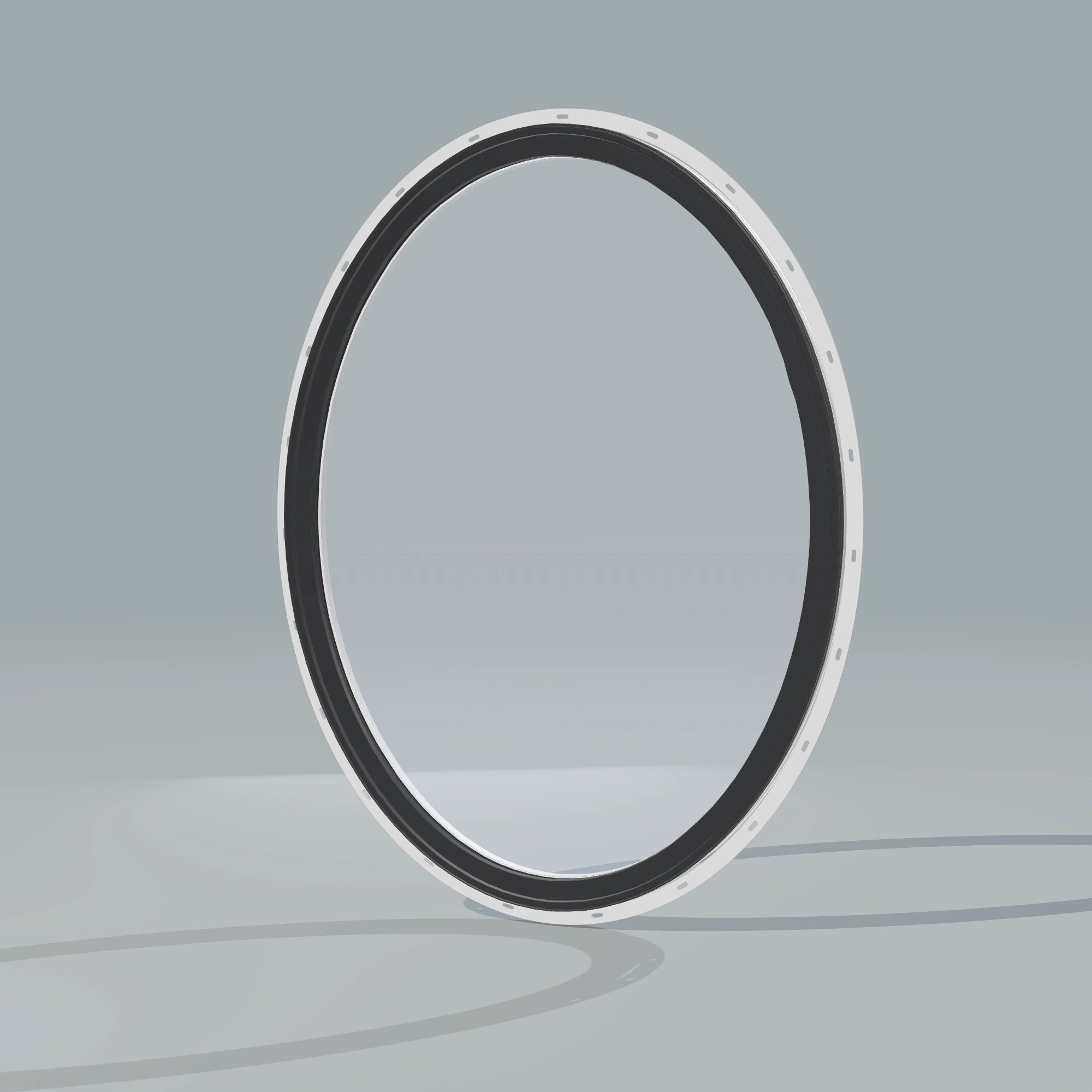 Opposite exterior angle of the 36 × 48 inch oval, black exterior / white interior, with nailing flange