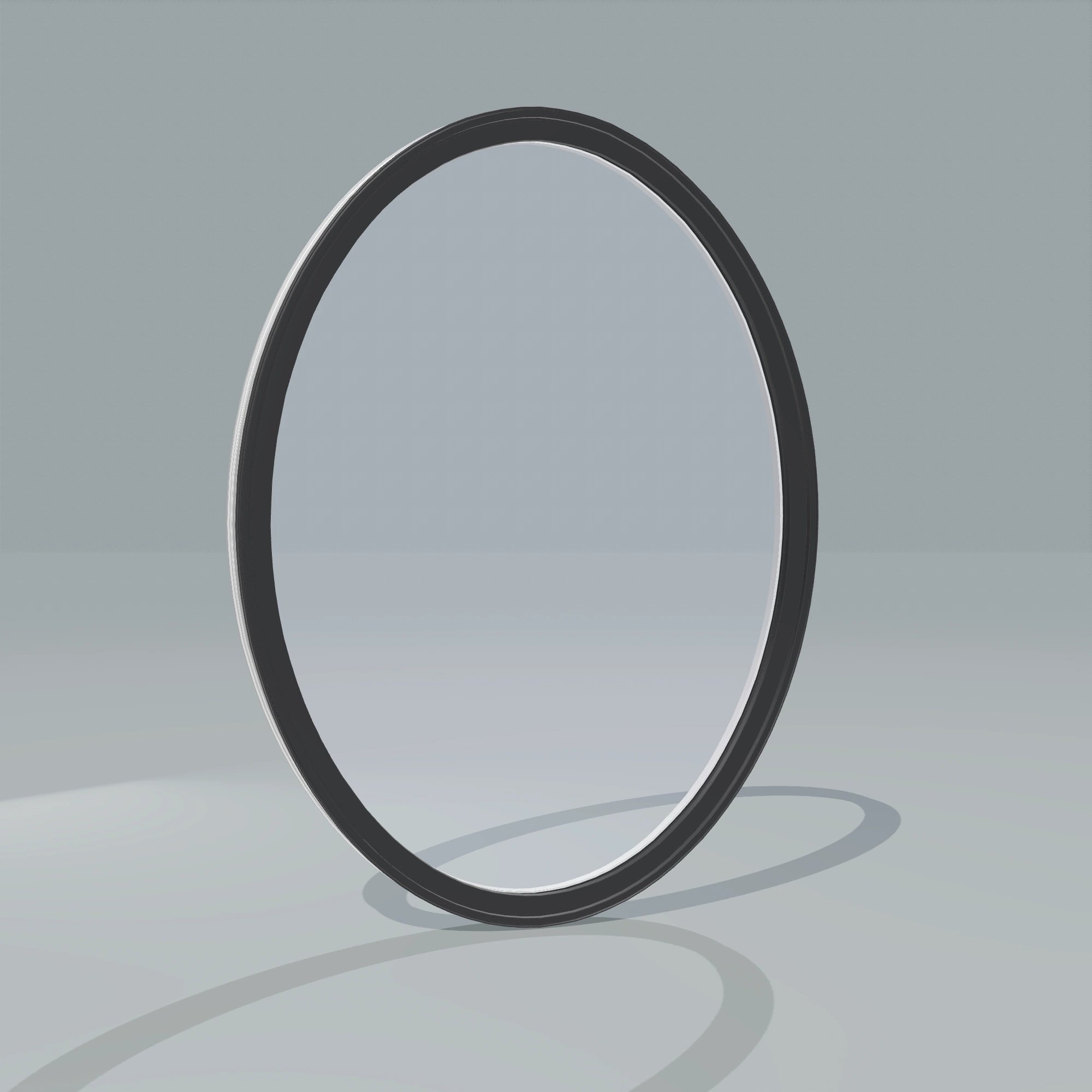 Angled exterior configurator view of the 36 × 48 inch oval, black exterior / white interior, without nailing flange