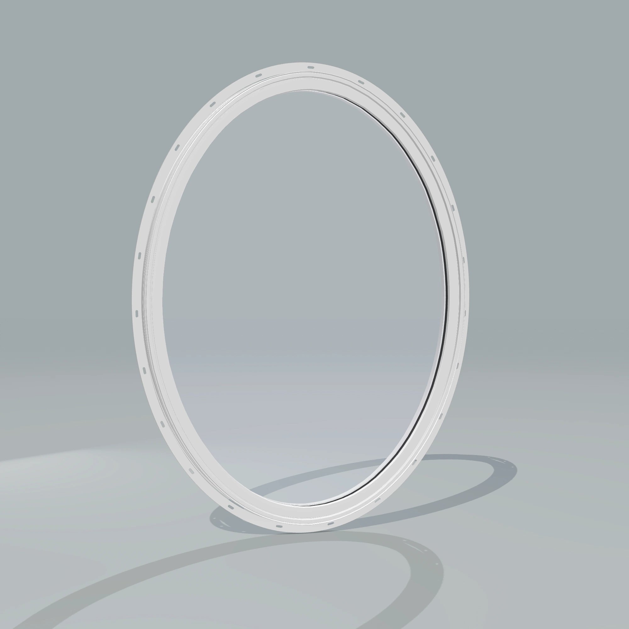 Angled exterior configurator view of the 36 × 48 inch oval, white exterior / white interior, with nailing flange