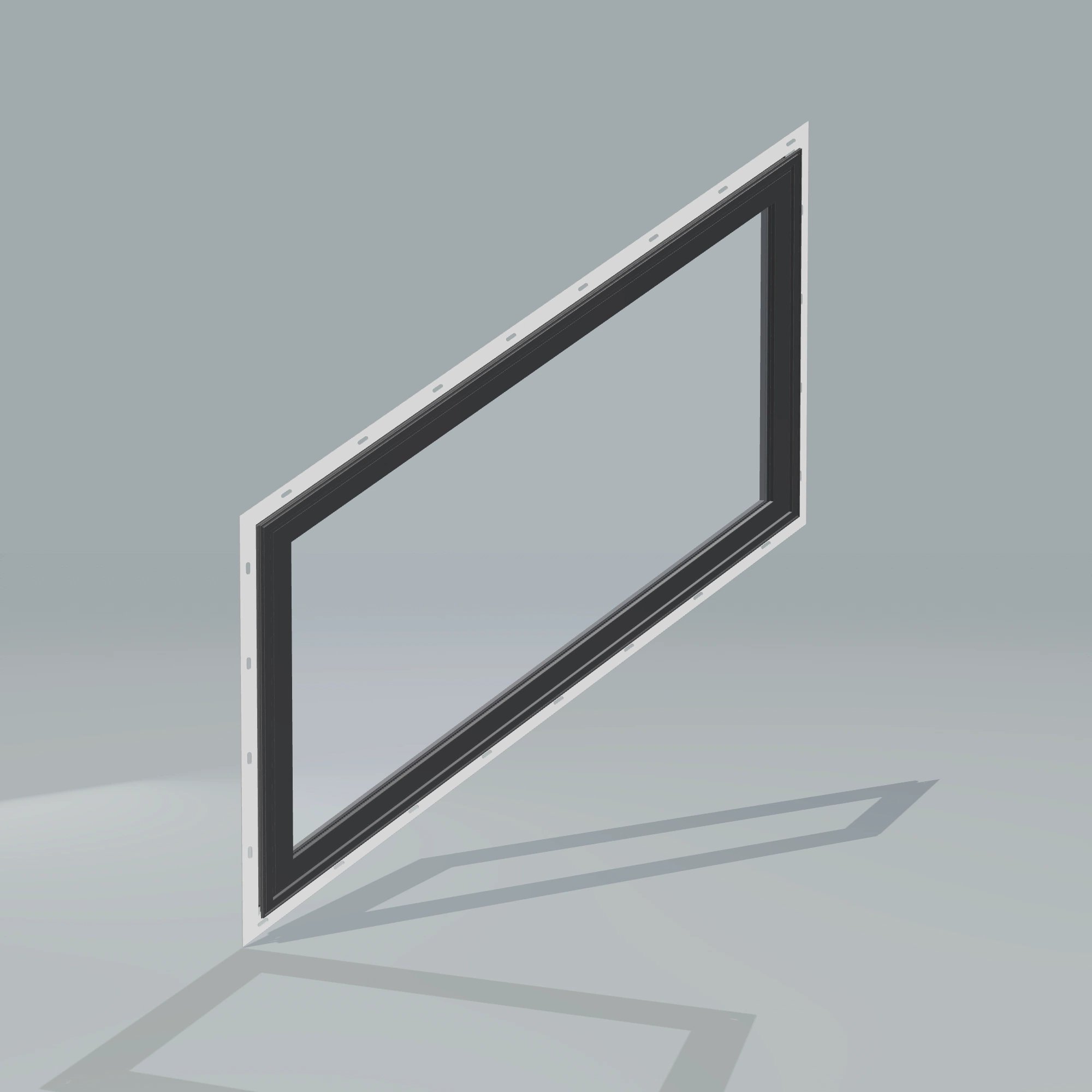 Angled exterior configurator view of the 36 × 48 inch parallelogram (left), black exterior / black interior, with nailing flange