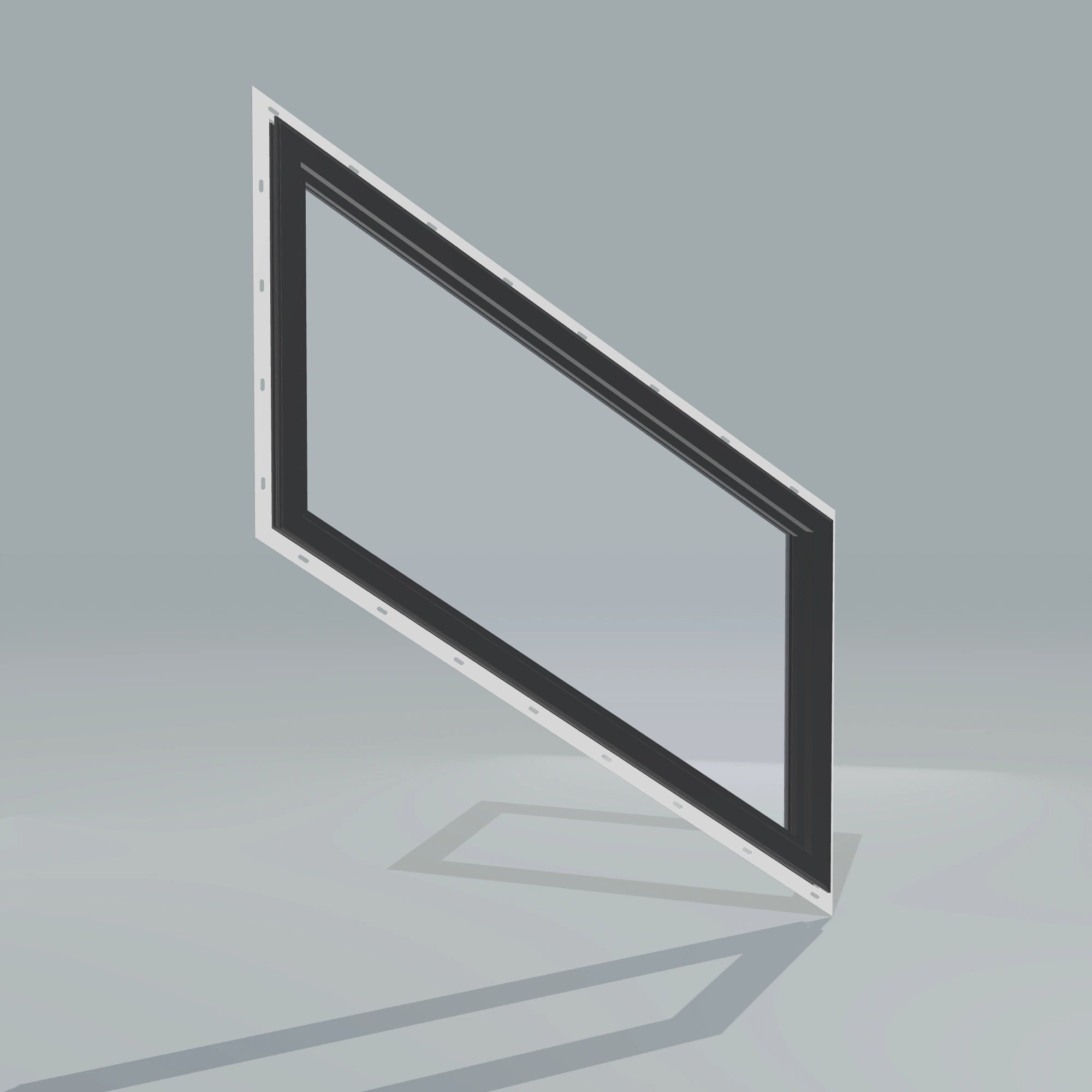 Angled interior view of the 36 × 48 inch parallelogram (left), black exterior / black interior, with nailing flange