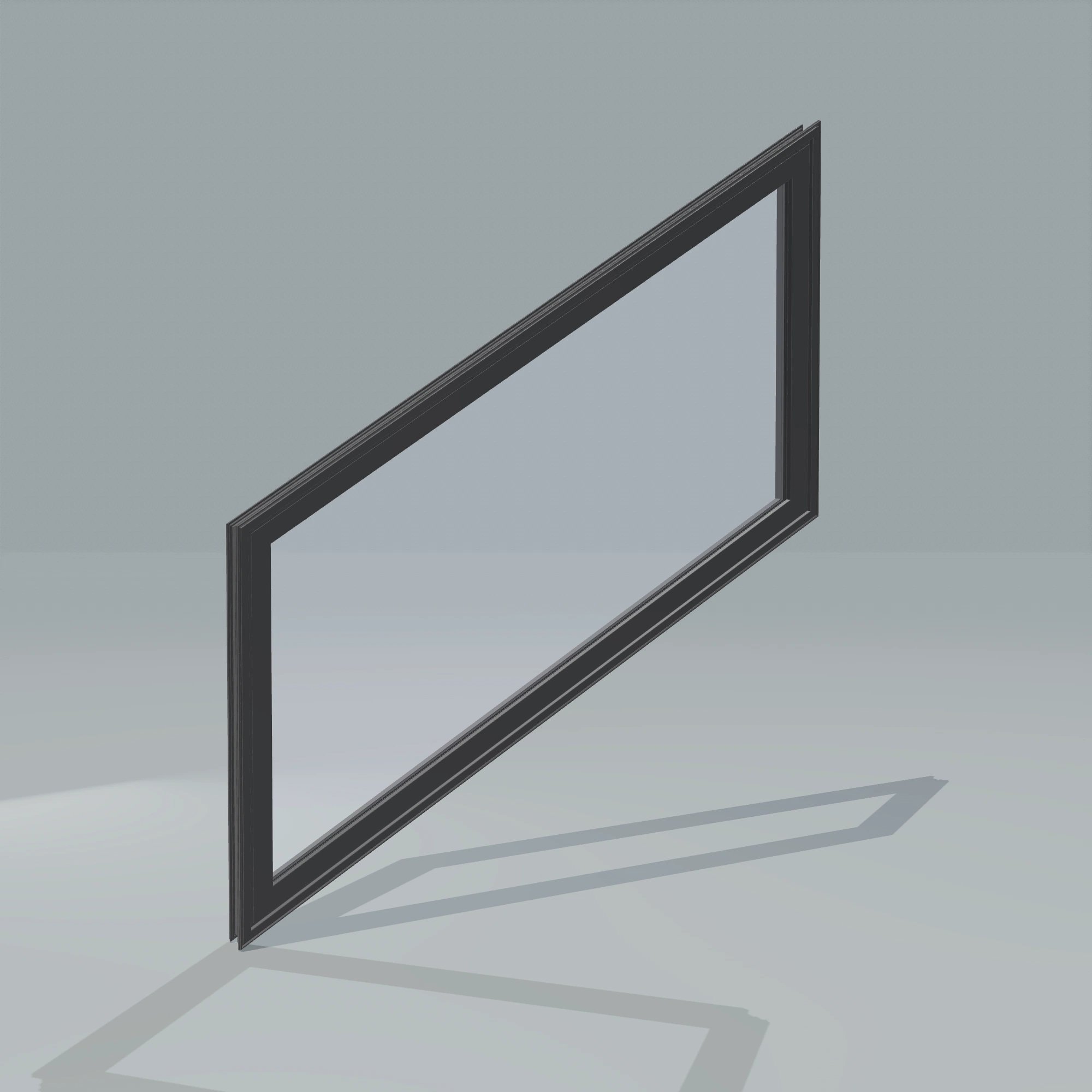 Angled exterior configurator view of the 36 × 48 inch parallelogram (left), black exterior / black interior, without nailing flange